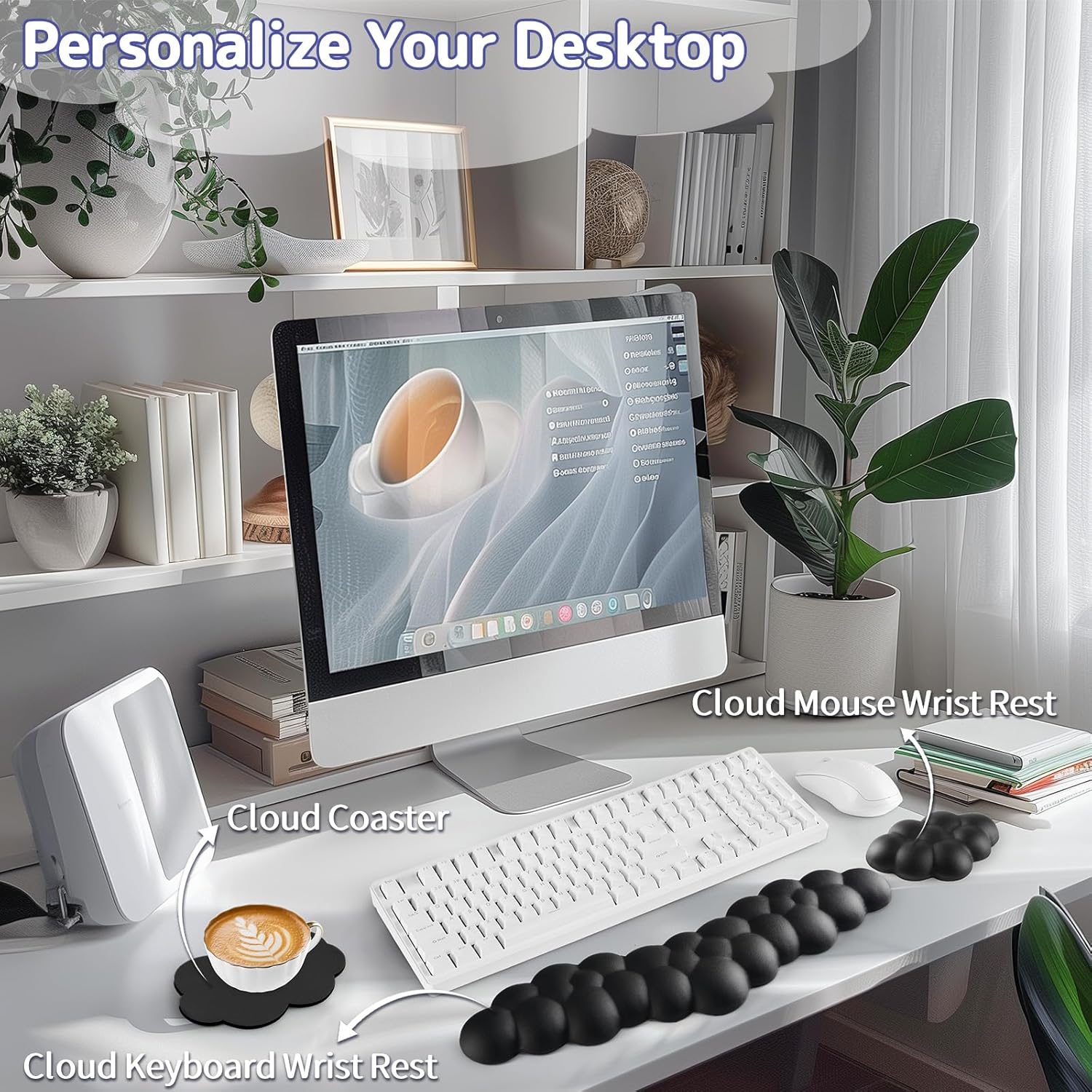 Cloud Wrist Rest for Keyboard and Mouse, Memory Foam PU Leather Keyboard Wrist Rest with Ergonomic Support, Non-Slip Base, Cute Arm Rest Pad & Palm Cushion, Office Desk Accessory, Black