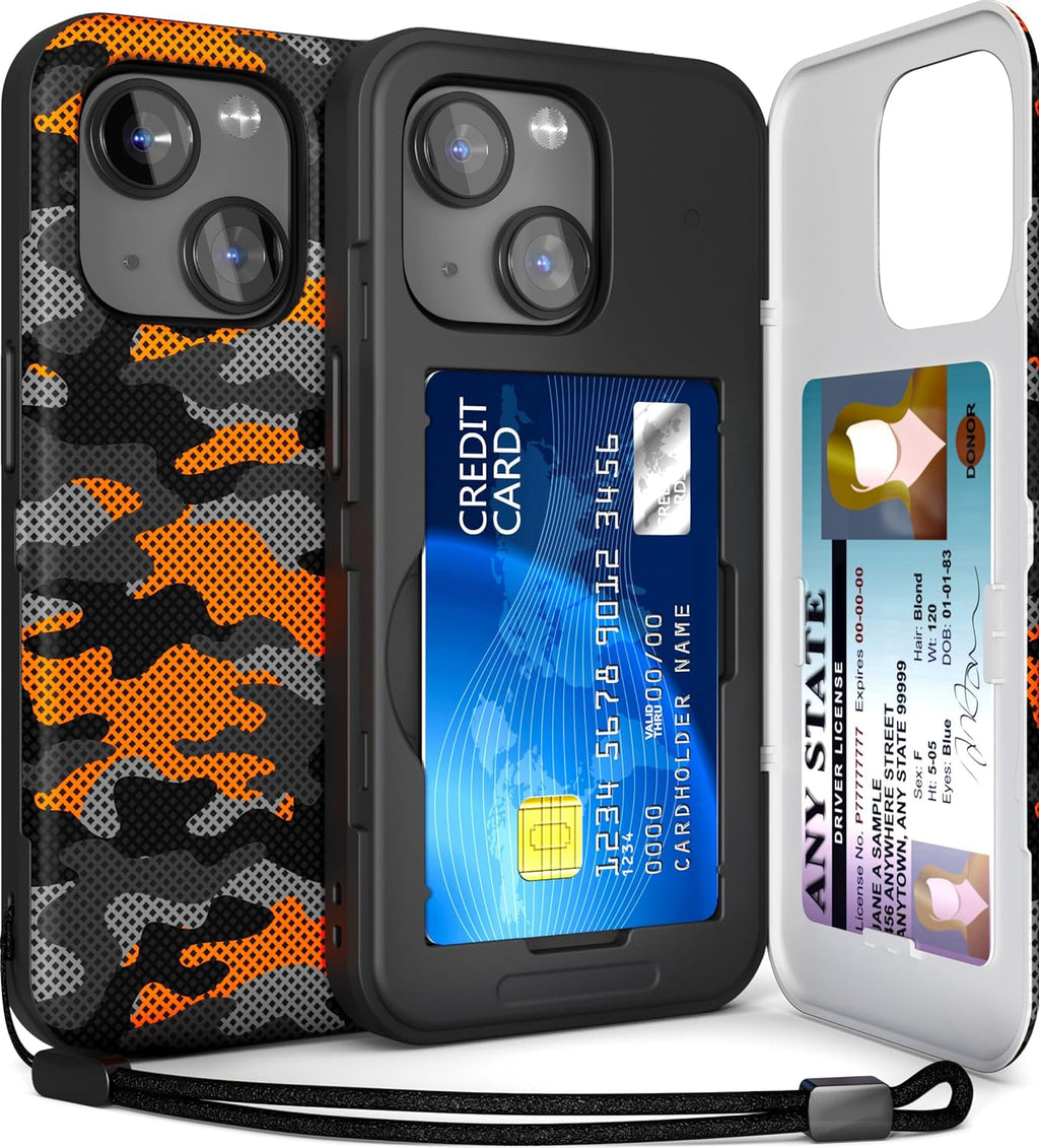 TORU CX Slim for iPhone 15 Case Wallet | Protective Shockproof Heavy Duty Cover with Hidden Card Holder & Card Slot | Mirror & Wrist Strap Included - Camouflage
