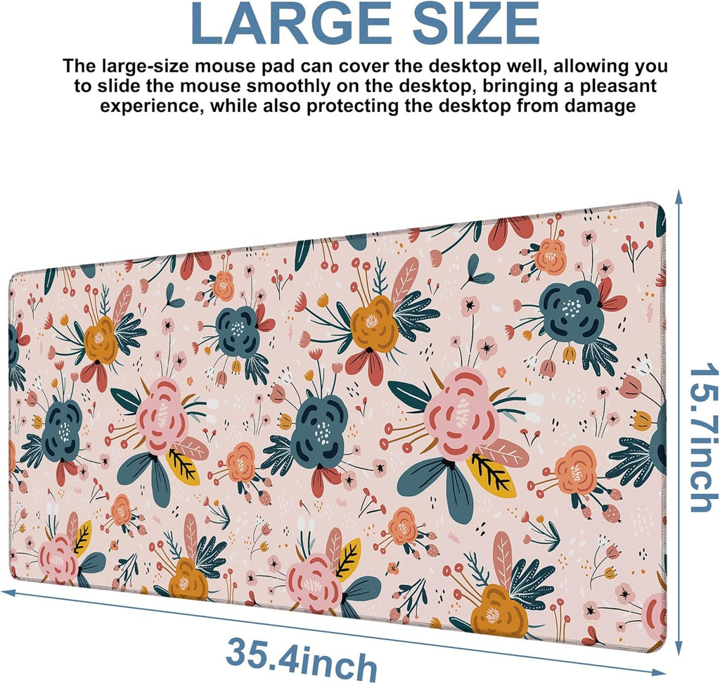 Gaming Desk Pad Large Extra Length Hand Drawn Floral Mouse Pad Keyboard Laptop Non-Slip Waterproof with Rubber Base Thick Stitched Edge Mouse Mat for Office Home 35.4 x 15.7 Inches