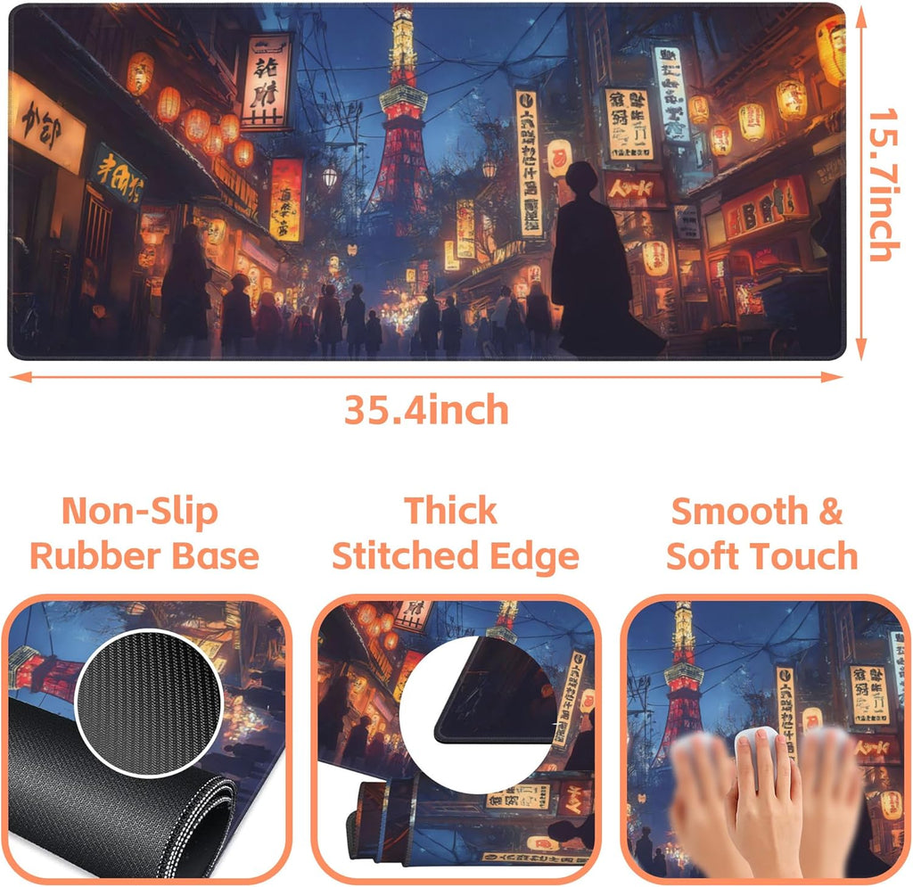Mouse Pad Large Bustling Street in Tokyo Non-Slip Gaming Desk Mat with Stitched Edge Laptop Keyboard Desk Pad for Work Home Gaming (35.4 x 15.7 Inches)