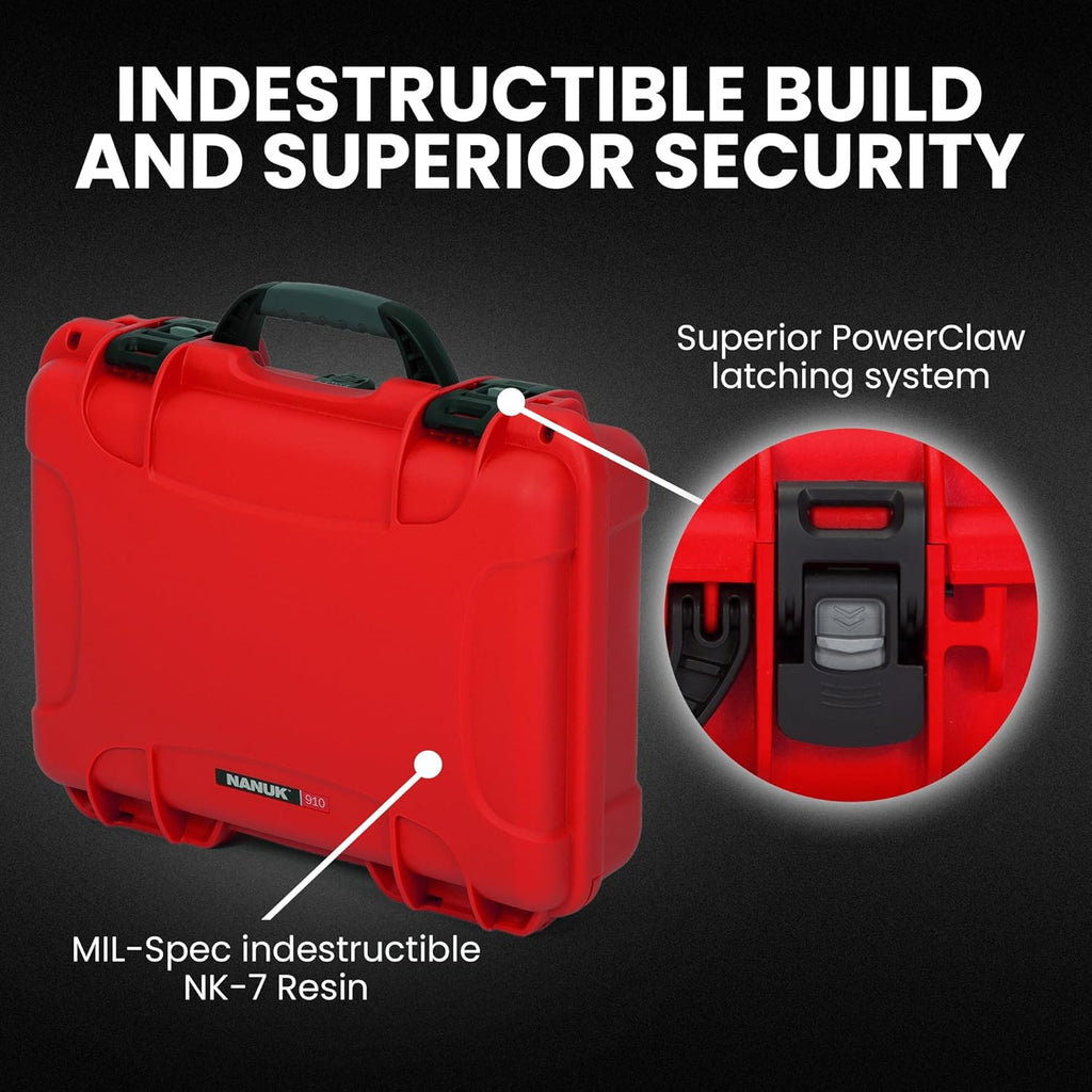 NANUK 910 Hard Case with Customizable Cubed Foam, IP67 Waterproof, Dustproof and Impact Resistant, 14.3” x 11.1” x 4.7”, Rugged Construction for Ultimate Protection, Made in Canada – Red