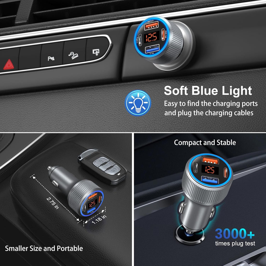 USB C Car Charger, 3 Pack 65W 12V Car Charger Adapter Multi Port QC 3.0+PD 30W Super Fast Cigarette Lighter Adapter Plug with Voltage Meter for iPhone 16/15/14/13/12/11 Pro Max,Samsung,Android(Gray)