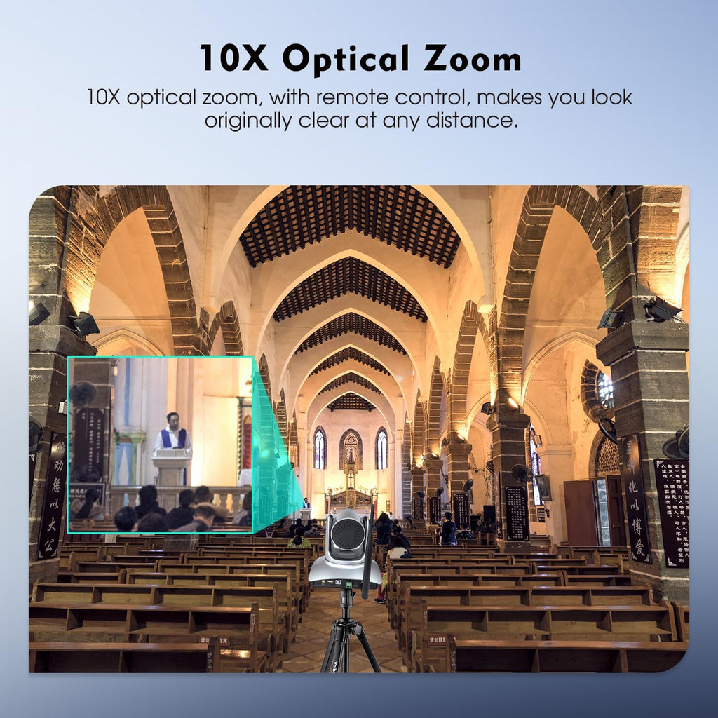 TOALLIN Wireless PTZ Conference Room Camera, 10X Optical Zoom, 1080P Full HD Video Calling and Streaming, Wireless Conference Webcam for Video Conferencing/Church Services Worship/Online Teaching