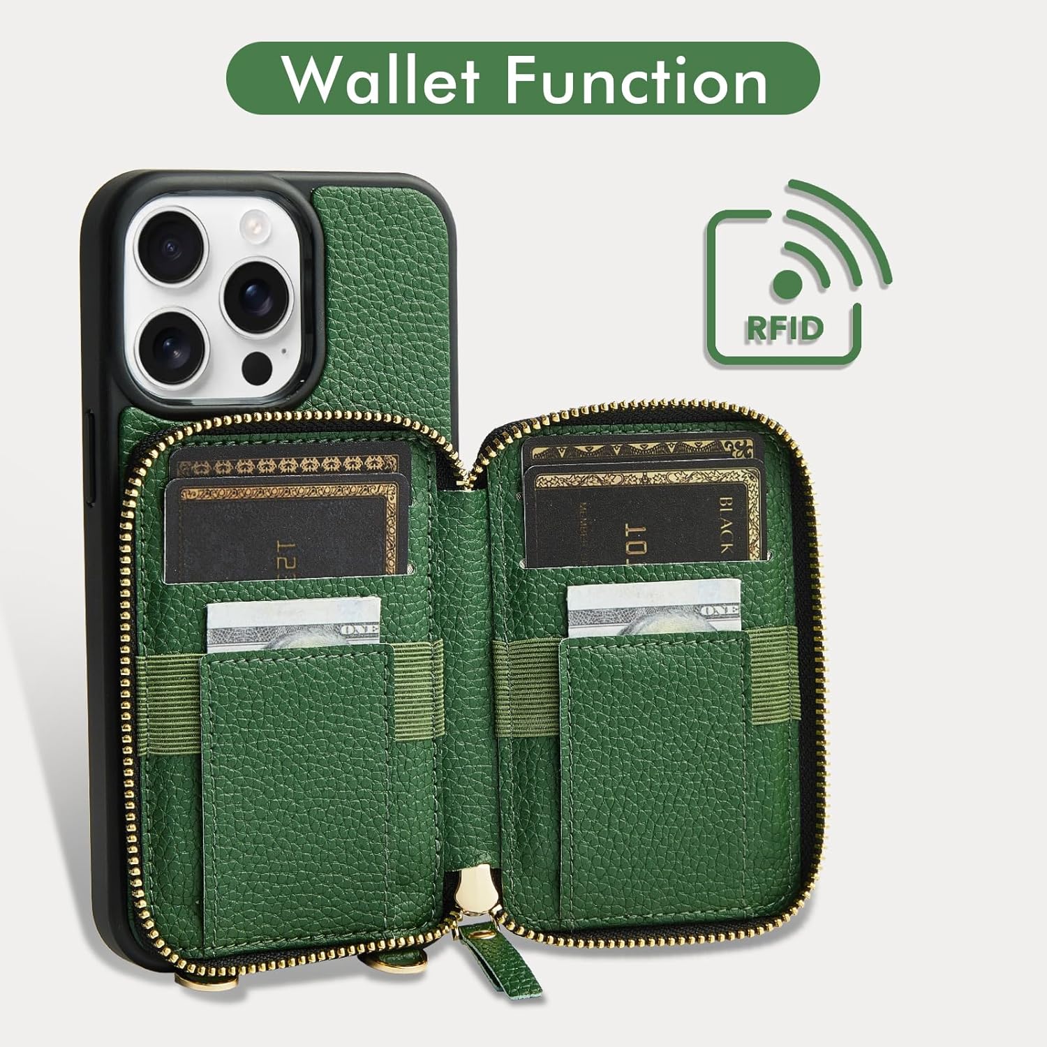 ZVE for iPhone 15 Pro Max Crossbody Wallet Case, Card Holder Phone Purse for Women, Zipper RFID Blocking Leather Cover with Wrist Strap for iPhone 15 Pro Max (6.7 inch)- Dark Green