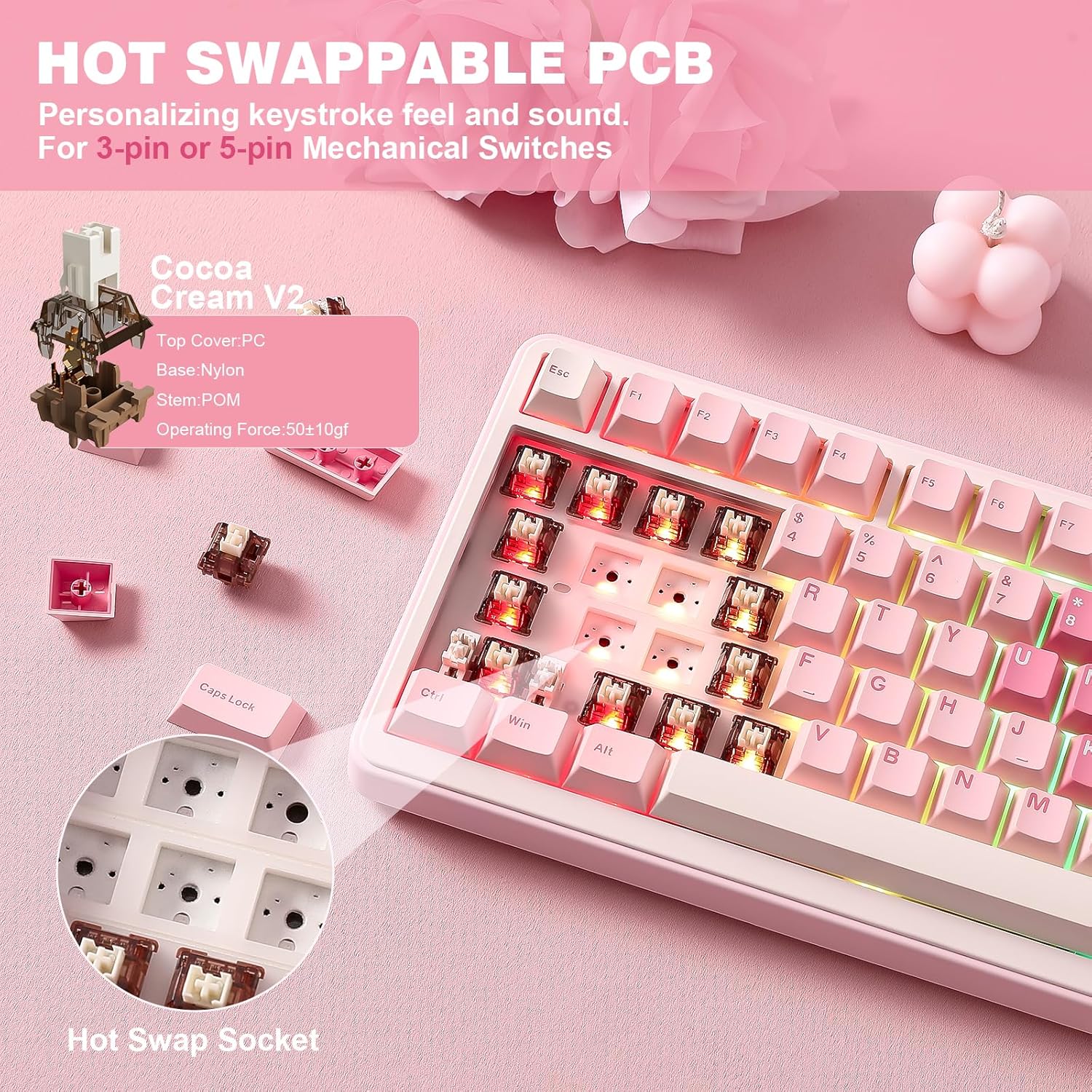 YUNZII B75 PRO Wireless Mechanical Keyboard,75% Layout with Knob,Hot Swap Gasket Custom Structure,Creamy Pre-lubed Switches,RGB Backlit,Bluetooth/Type-C/2.4G for Win/Mac(Cocoa Cream V2 Switch,Pink)