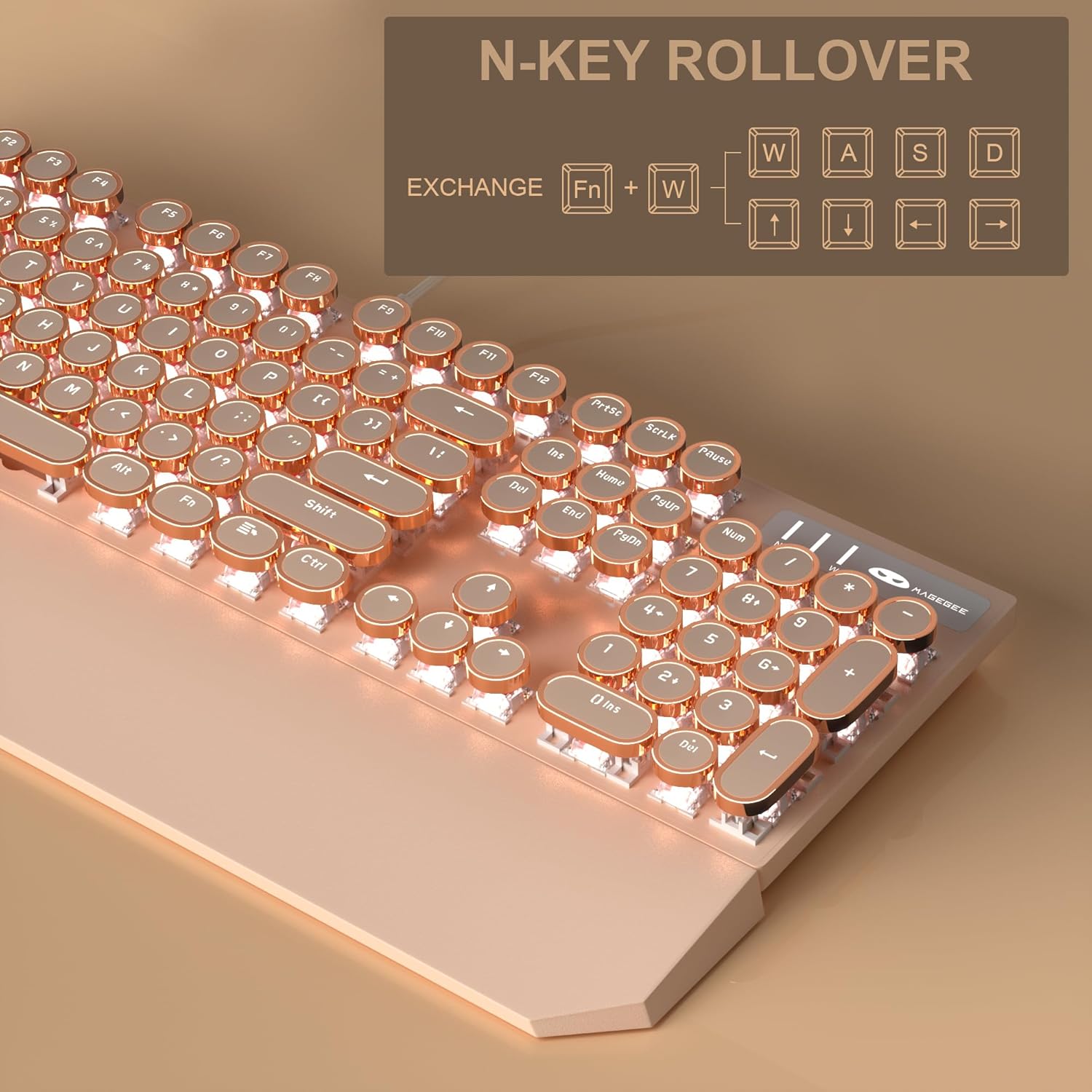 MageGee Typewriter Mechanical Gaming Keyboard, Retro Punk Creamy Round Keycaps, 104 Keys LED White Backlit Wired Keyboards for Laptop MAC PC Gamer, with Magnetic Wrist Rest, Blue Switch