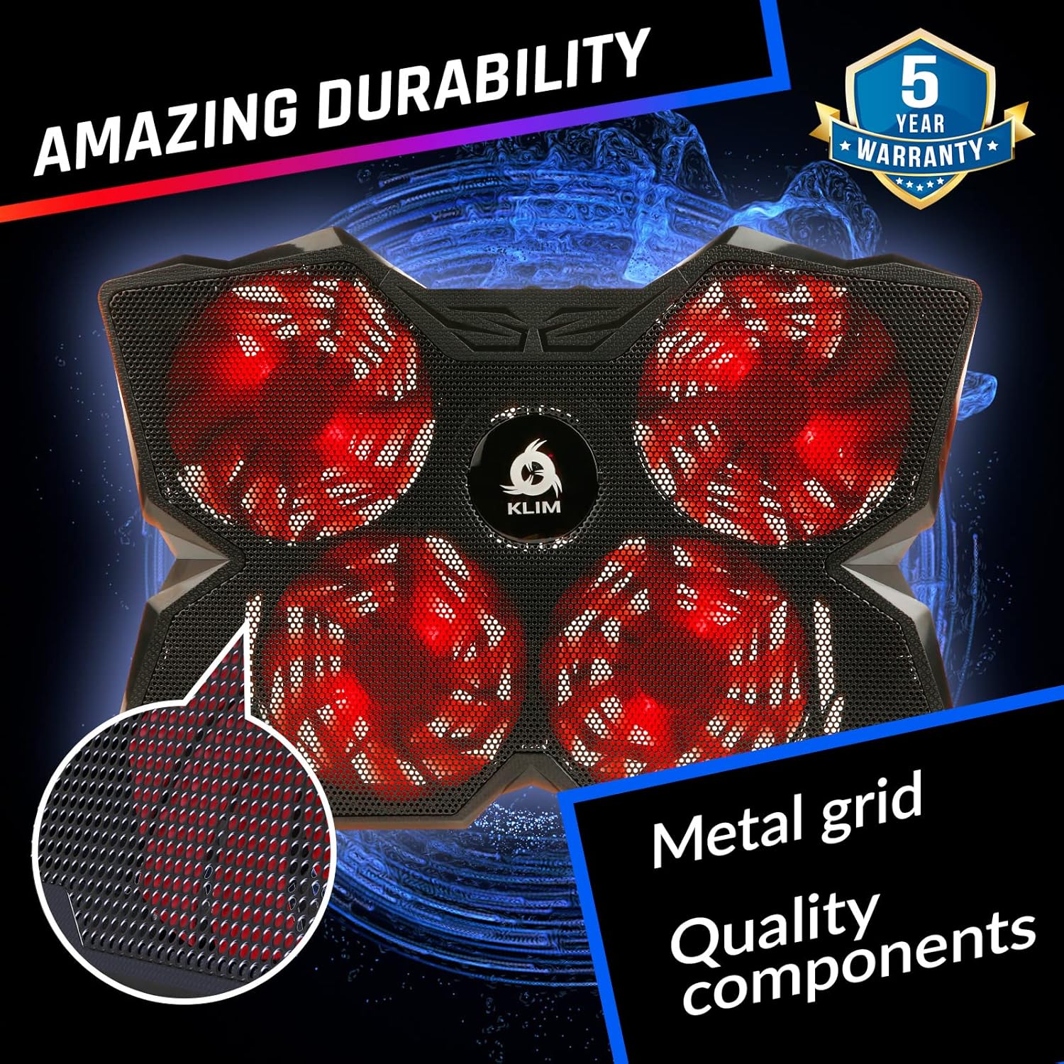 KLIM Wind Laptop Cooling Pad - More Than 500 000 Units Sold - New - The Most Powerful Rapid Action Cooling Fan - Laptop Stand with 4 Fans at 1200 RPM - USB - PS5 PS4 - Red