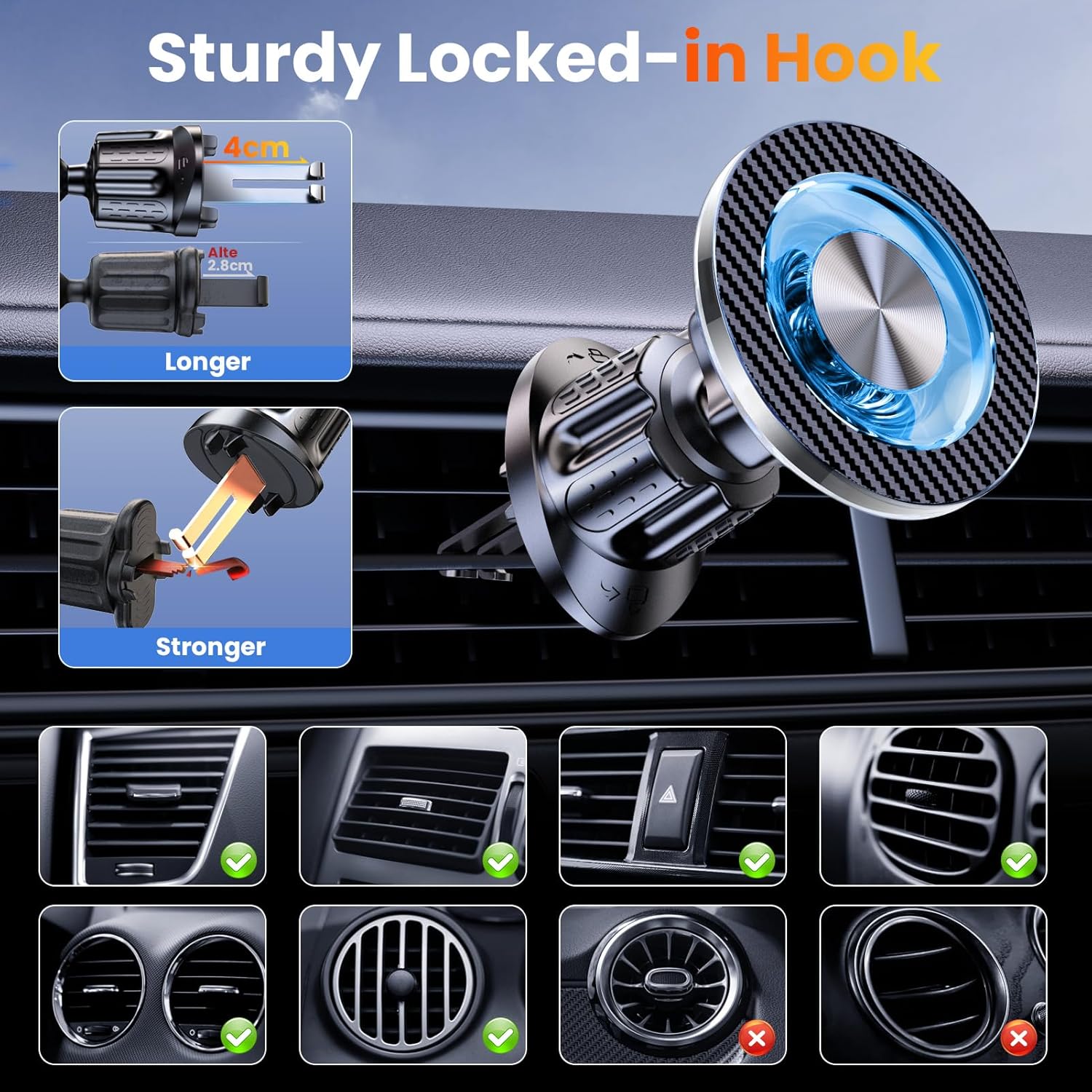 for MagSafe Car Mount Magnetic Phone Holder for Car [2025 Upgraded 22X Magnets & Double-Hooks] Phone Holders for Your Car Stand for Dashboard Vent GPS for iPhone 16/15/14/13/12 Android etc