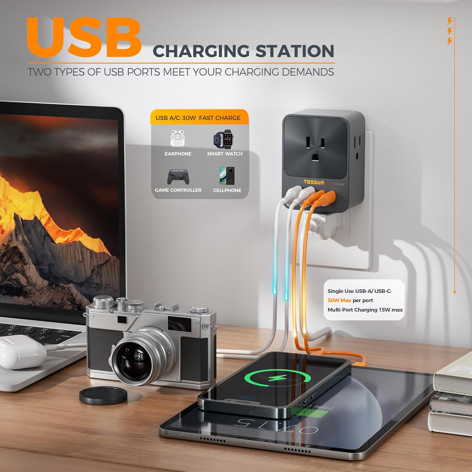 30W Wall Charger, TESSAN Fast Charging Multi Plug Adapter with 3 Outlet Extender Surge Protector, Multiple Plug with 4 USB Block Power Delivery (2 USB C Ports) for Home Office Essentials