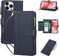 Compatible with iPhone 15 Pro Wallet Phone Case-PU Leather Magnetic Flip Cover with Credit Card Slots,Zipper Pocket & Detachable Wrist Strap,Shockproof Design,for Women and Men-Navy Blue