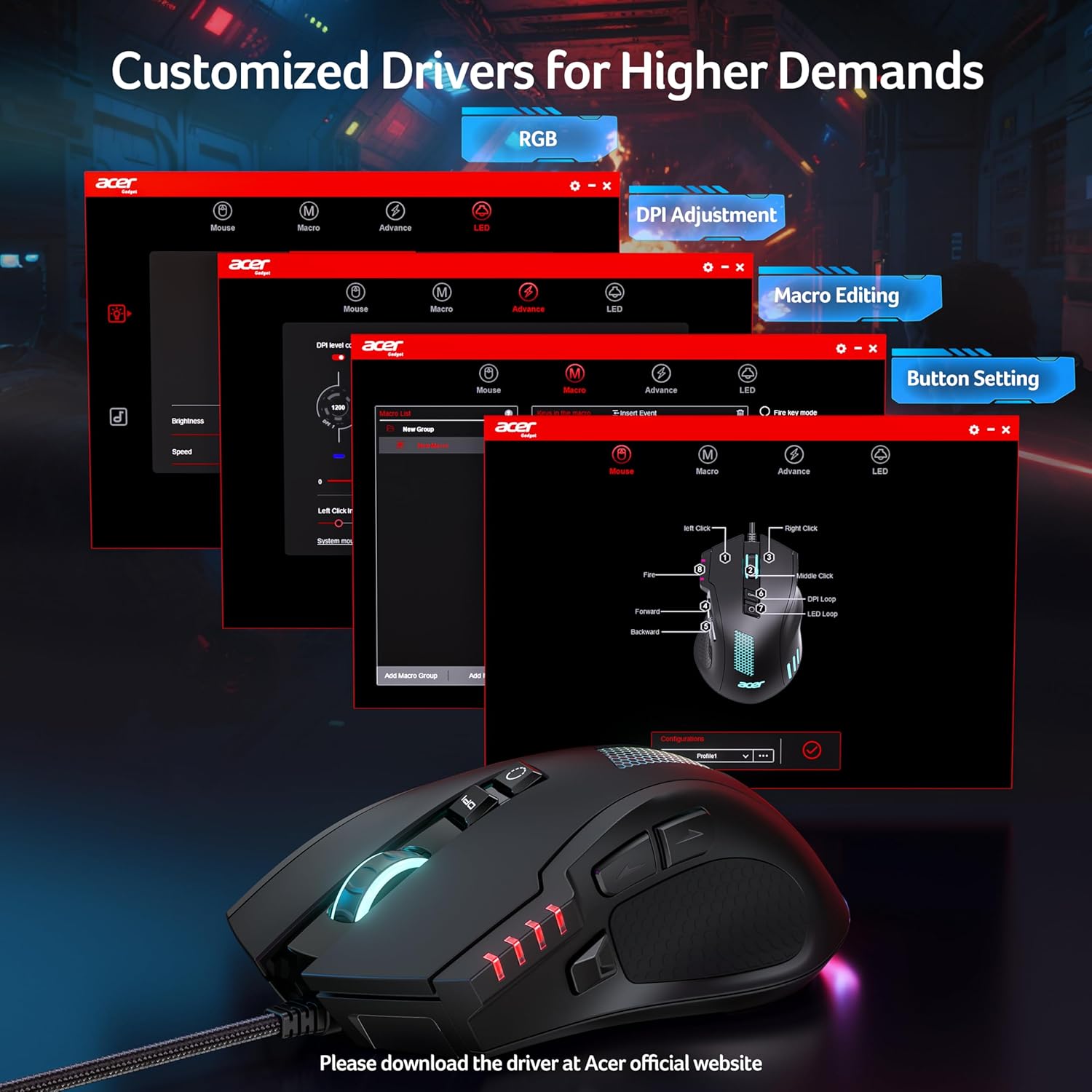 acer Wired Gaming Mouse, 12,800 DPI RGB Ergonomic Computer Mouse with Optical Sensor, 8 Programmable Buttons, 12 Backlit Modes, Software for DIY Keybinds, Rapid Fire, USB Gaming Mice for Laptop, PC