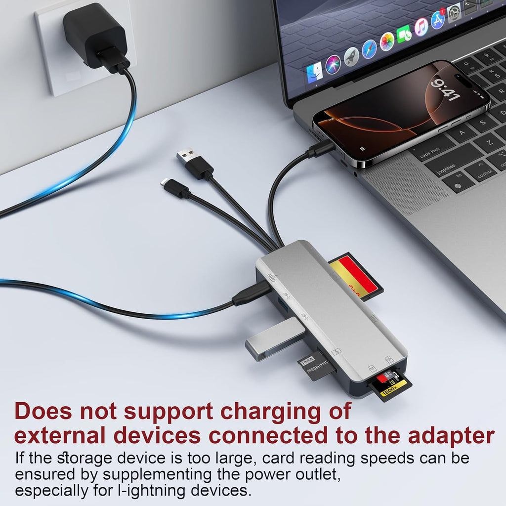 8in1 SD Card Reader,Aluminum Multi Memory Card Carrying Box SD/TF/CF/MS/XD/USB3.0 * 2 Port Card Reader Adapter for Phone/Pad/PC/Laptop/USB C and USB A Devices,No Application Required Plug and Play