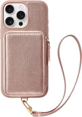 ZVE Wallet Case iPhone 15 Pro Max, Phone Case with Card Holder Wrist Strap, RFID Blocking Zipper Leather Gift Cover for Women for iPhone 15 Pro Max, 6.7"(2023) - Rose Gold