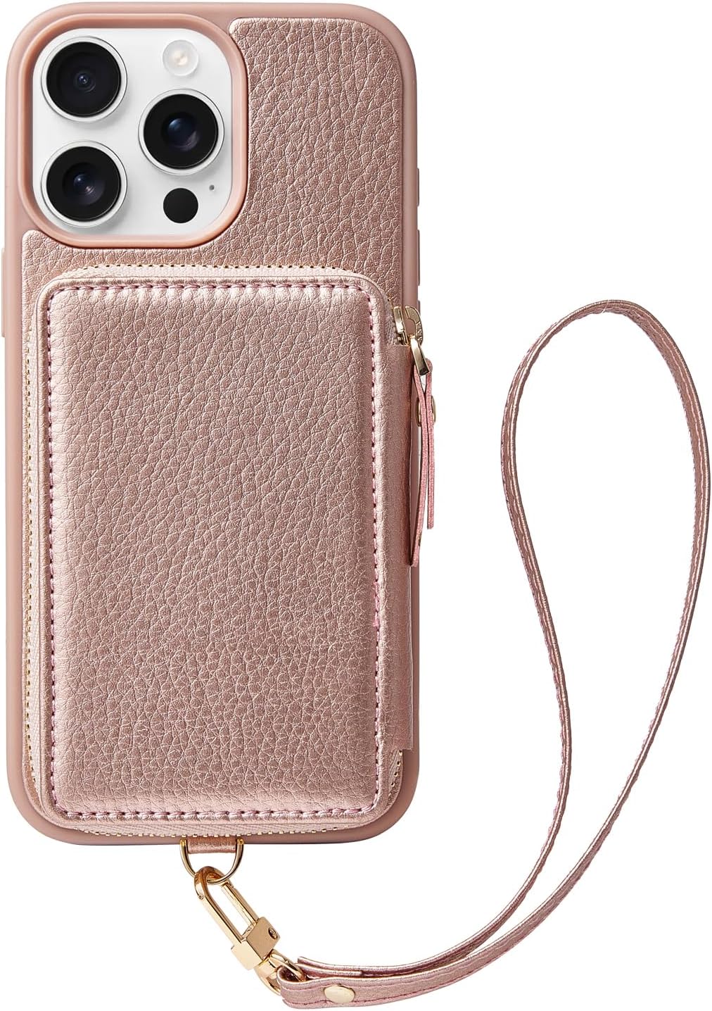 ZVE Wallet Case iPhone 15 Pro Max, Phone Case with Card Holder Wrist Strap, RFID Blocking Zipper Leather Gift Cover for Women for iPhone 15 Pro Max, 6.7"(2023) - Rose Gold