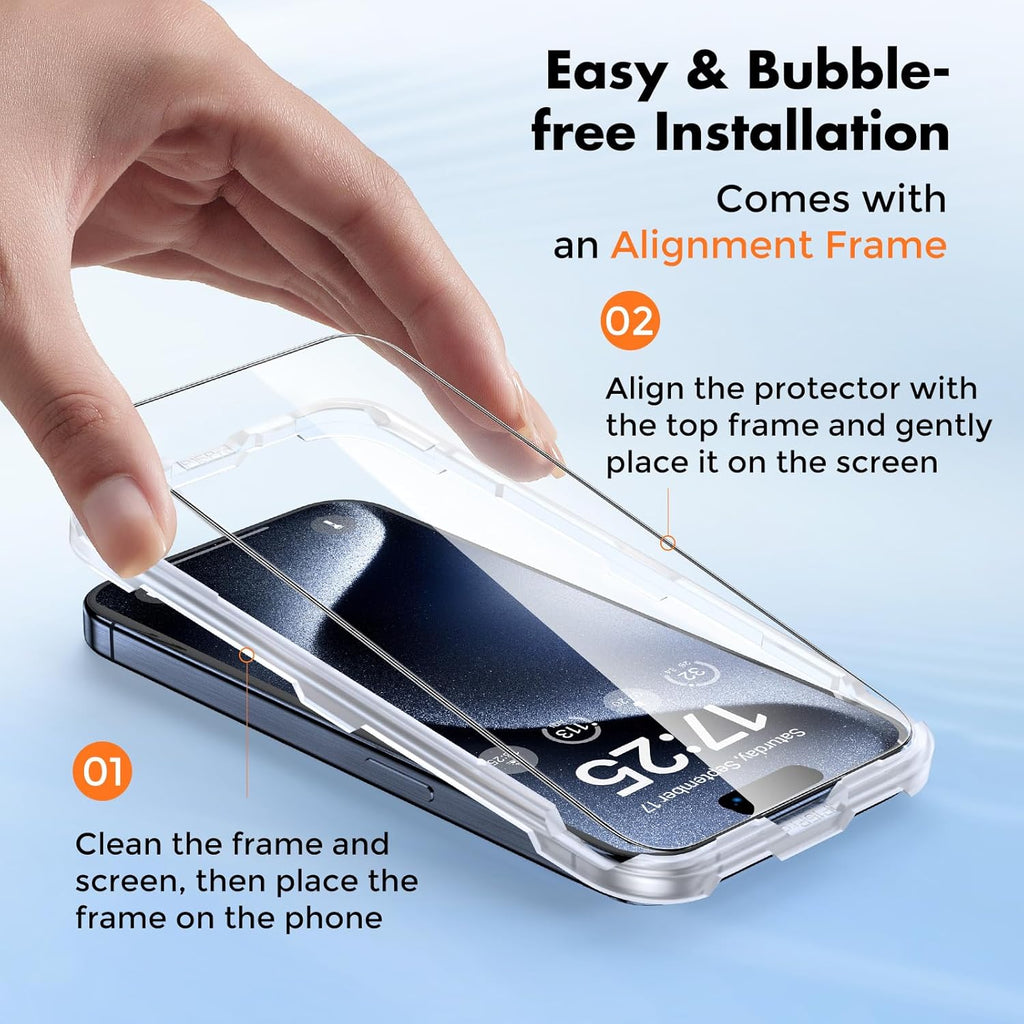 UNBREAKcable Screen Protector for iPhone 15 Pro Max [Easy Installation Frame] [9H Hardness] [Bubble Free] [99.99% Clear] Shatterproof Tempered Glass Screen Protector for Apple 6.7 inch, 2 Pack