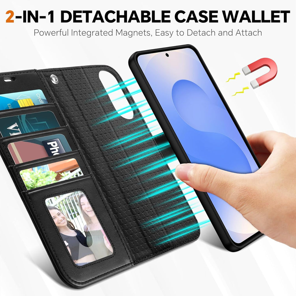 TUCCH Wallet Case for Galaxy S25 Edge, Removable 2 in 1 RFID Blocking [4 Card Slot] Wrist Strap [Wireless Charging] Kickstand PU Leather Magnetic Detachable Protective Cover for Galaxy S25 Edge, Black
