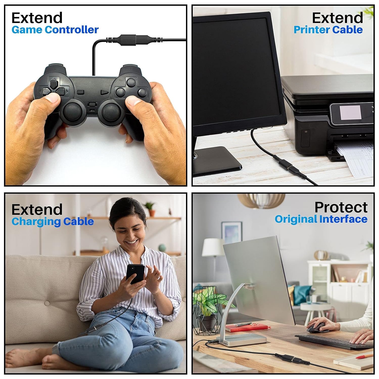 3 Pack USB Extension Cable 15 FT, USB 2.0 Type A Male to Female Extender Cord Adapter, Compatible with Printer, Keyboard, Mouse, Flash Drive, Hard Drive, Controller, Black Cable with 5 Cable Ties