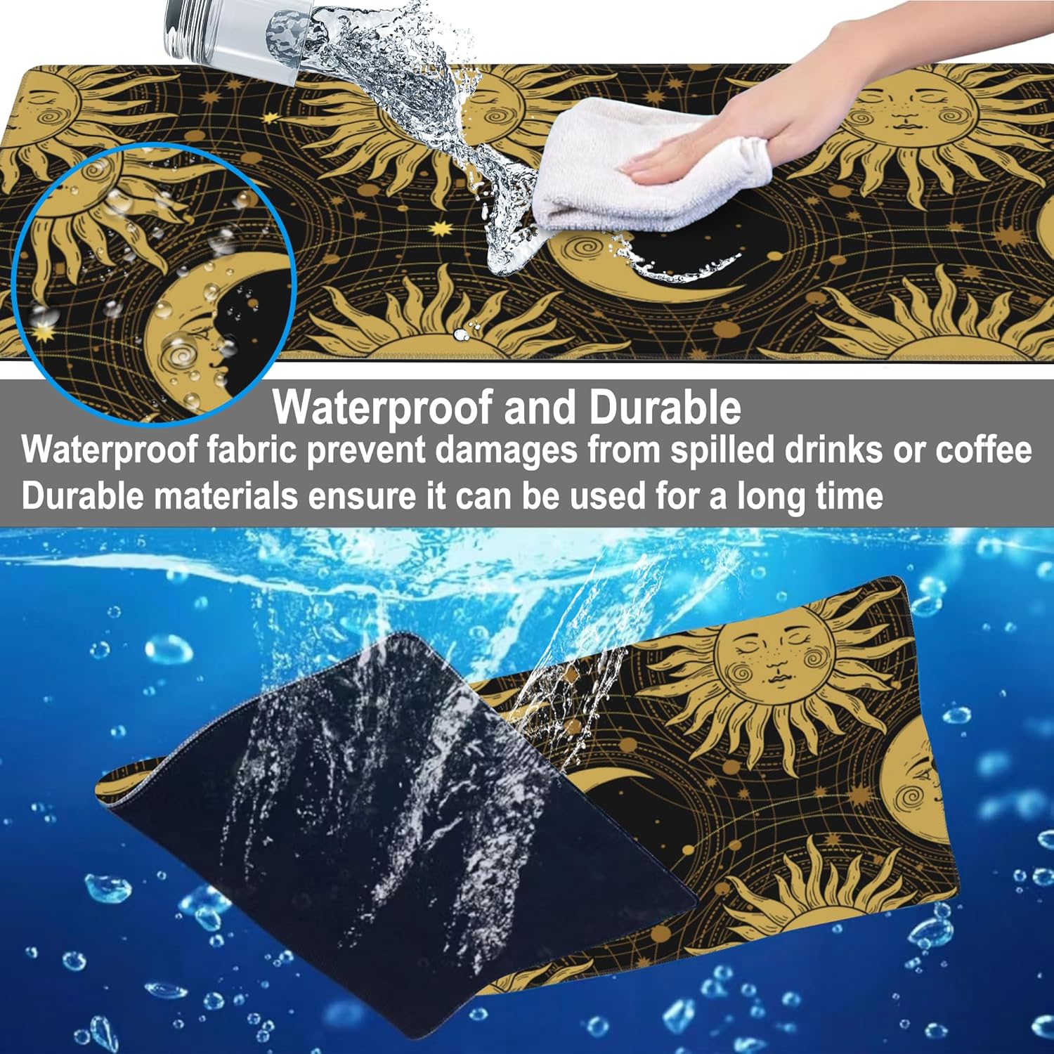 Mouse Pad, Large Golden Sun and Crescent Desk Mat, Extended Non-Slip Gaming Keyboard Mousepad Desk Pad, Thick Stitched Edges Waterproof Mouse Mat 31.5"x15.7" (Sun and Moon)