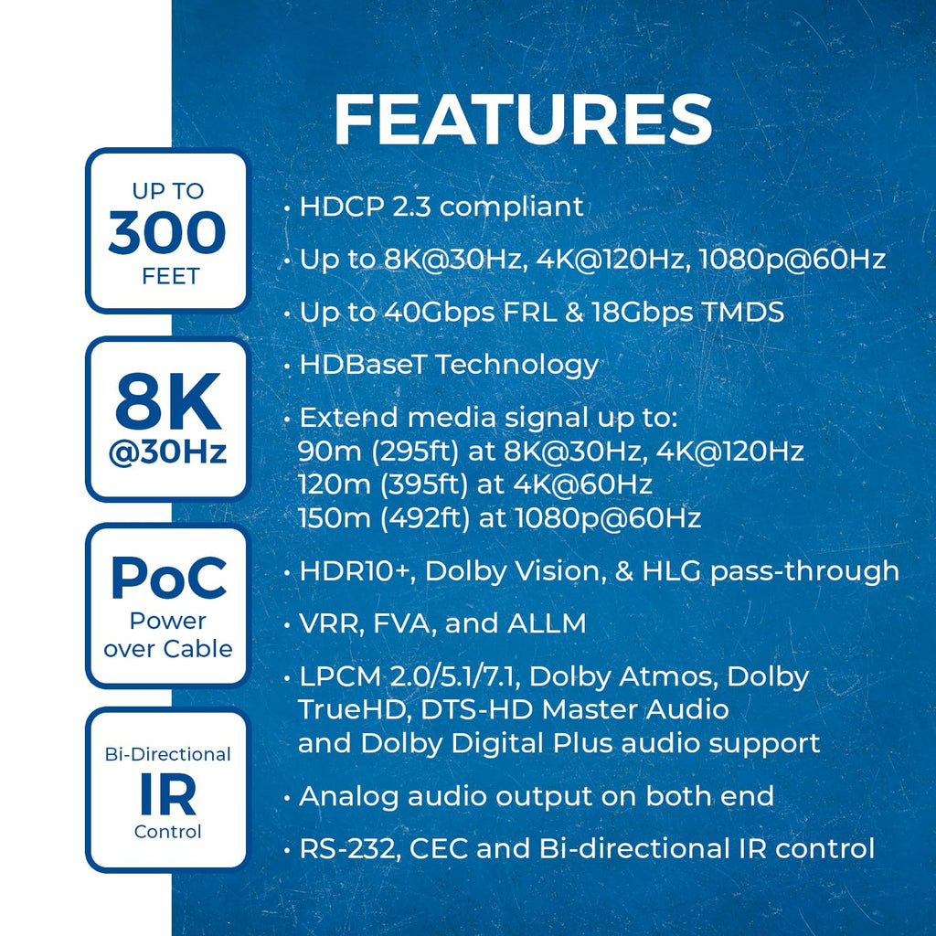 OREI 4K @ 120Hz HDMI Over Ethernet Extender Balun - HDBaseT UltraHD 8K@30hz CAT6/7 Cable with HDR, CEC & IR Control, RS-232 Up to 400 Ft Power Over Cable Audio Out (BK-EXB400R-K)