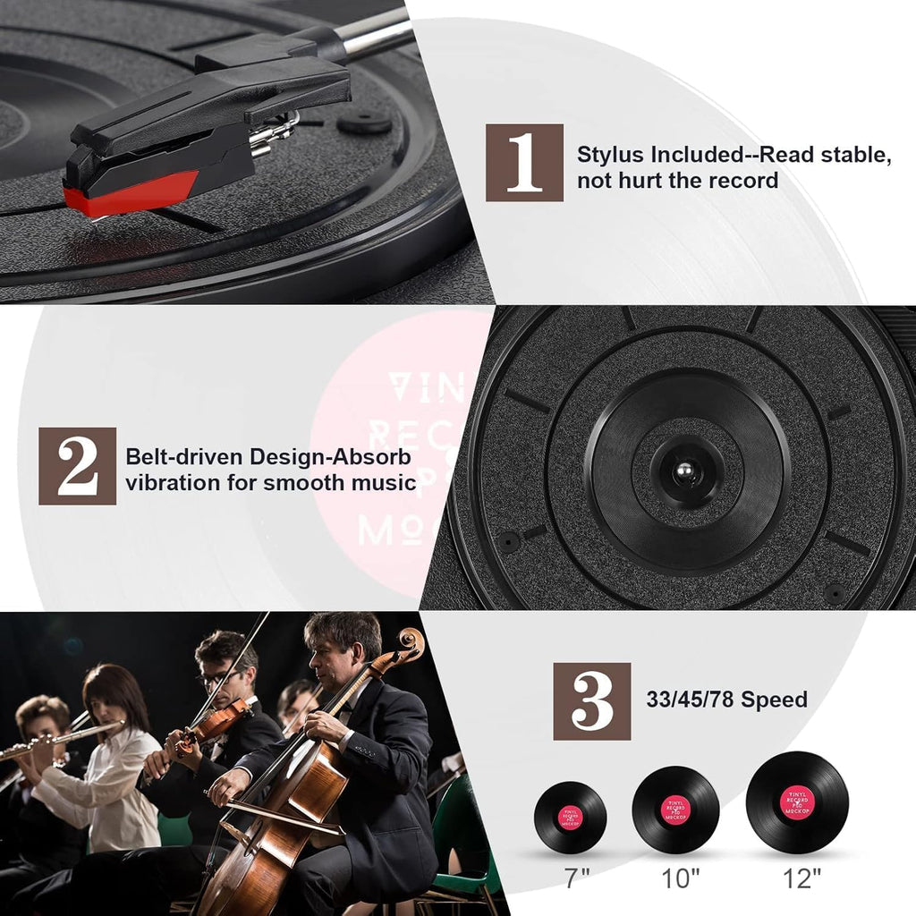 Record Player for Vinyl with 30W Speakers Upgraded，3-Speed (33/45/78 RPM) can Play 7/10/12-inch Vinyl Records, Support Bluetooth Connection, Record in MP3 Format
