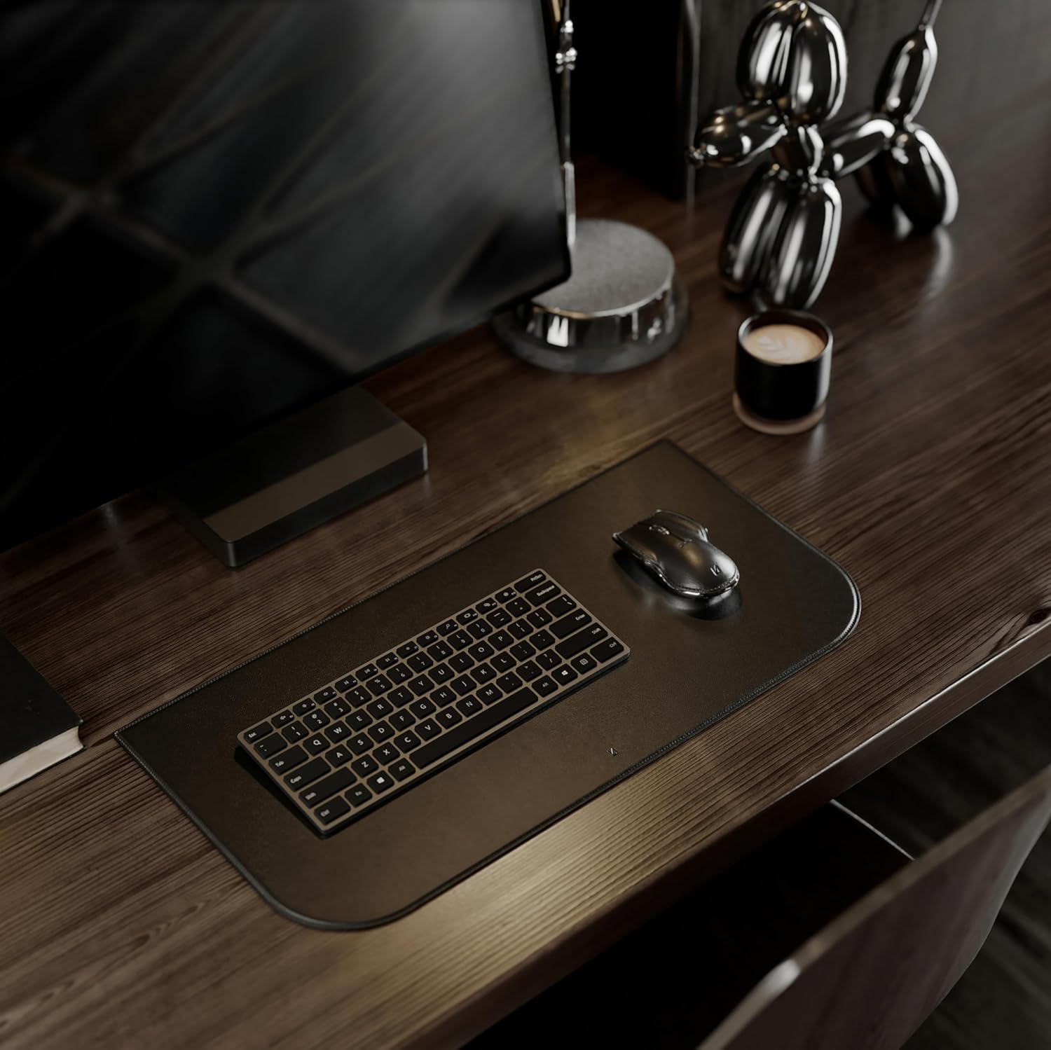 LUNAR ARTEFACTS Ambidextrous Rechargeable Bluetooth Wireless Computer Mouse Black French Leather and Aluminum, Qi Enabled USB-C