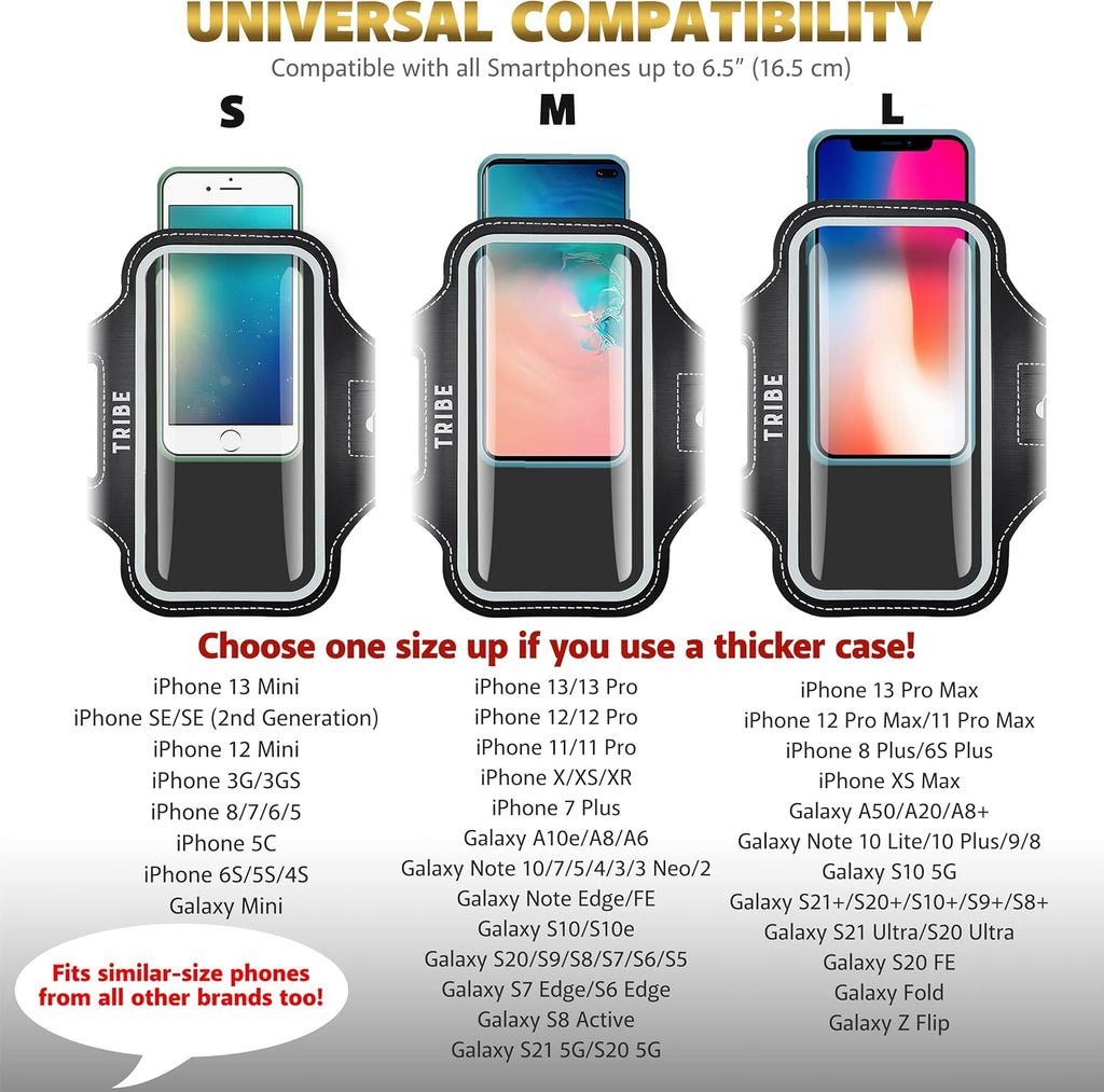 TRIBE Water Resistant Cell Phone Armband Case Running Holder for iPhone Pro Max Plus Mini SE (13/12/11/X/XS/XR/8/7/6/5) Galaxy S Ultra Plus Edge Note (21/20/10/9/8/7/6/5) Adjustable Strap & Key Pocket
