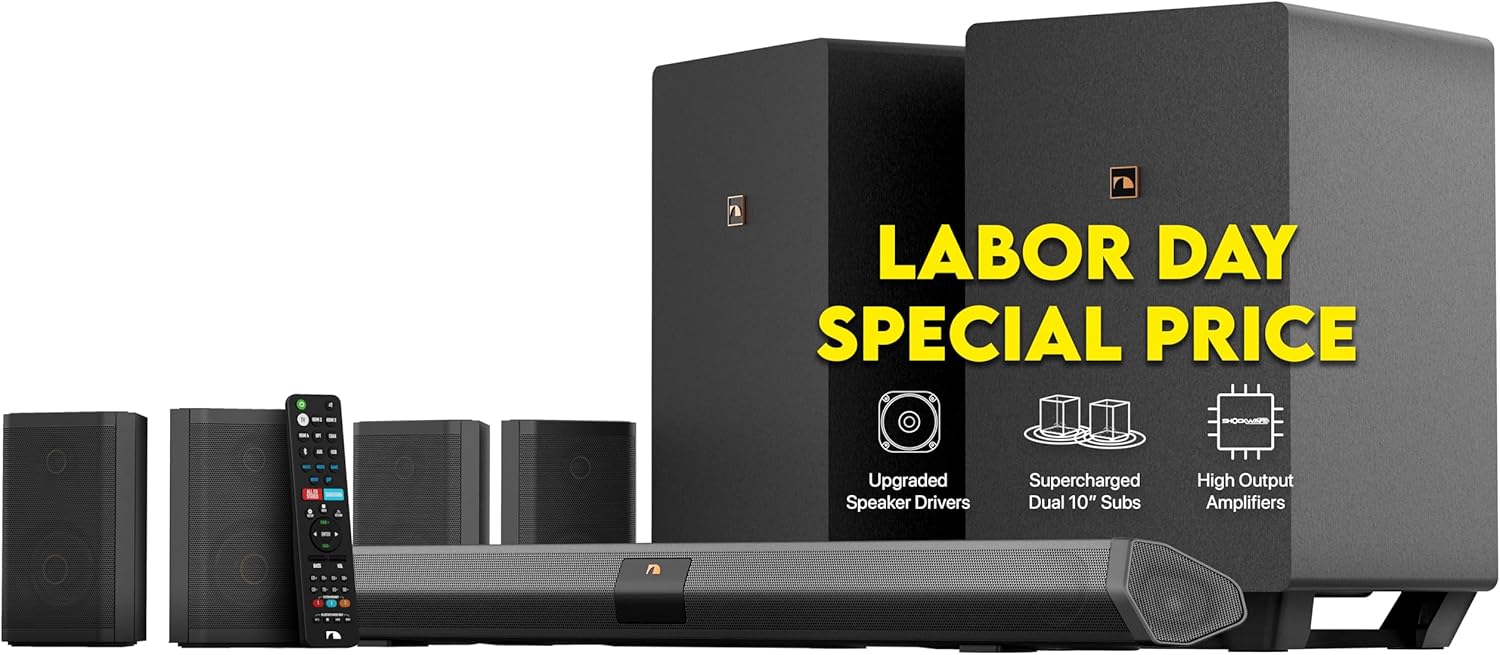 Nakamichi Shockwafe Ultra 9.2.4 Channel Dolby Atmos/DTS:X Soundbar with Dual 10" Subwoofers (Wireless), 4 Rear Surround Effects Speakers, eARC and SSE Max Technology (Flagship)