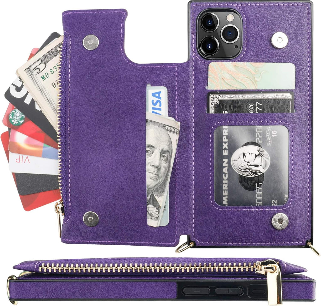 Bocasal Crossbody Wallet Case for iPhone 11 Pro with Card Holder,Zipper Card Slot Protector Shockproof Purse Cover with Removable Cross Body Strap 5.8 Inch(Purple)