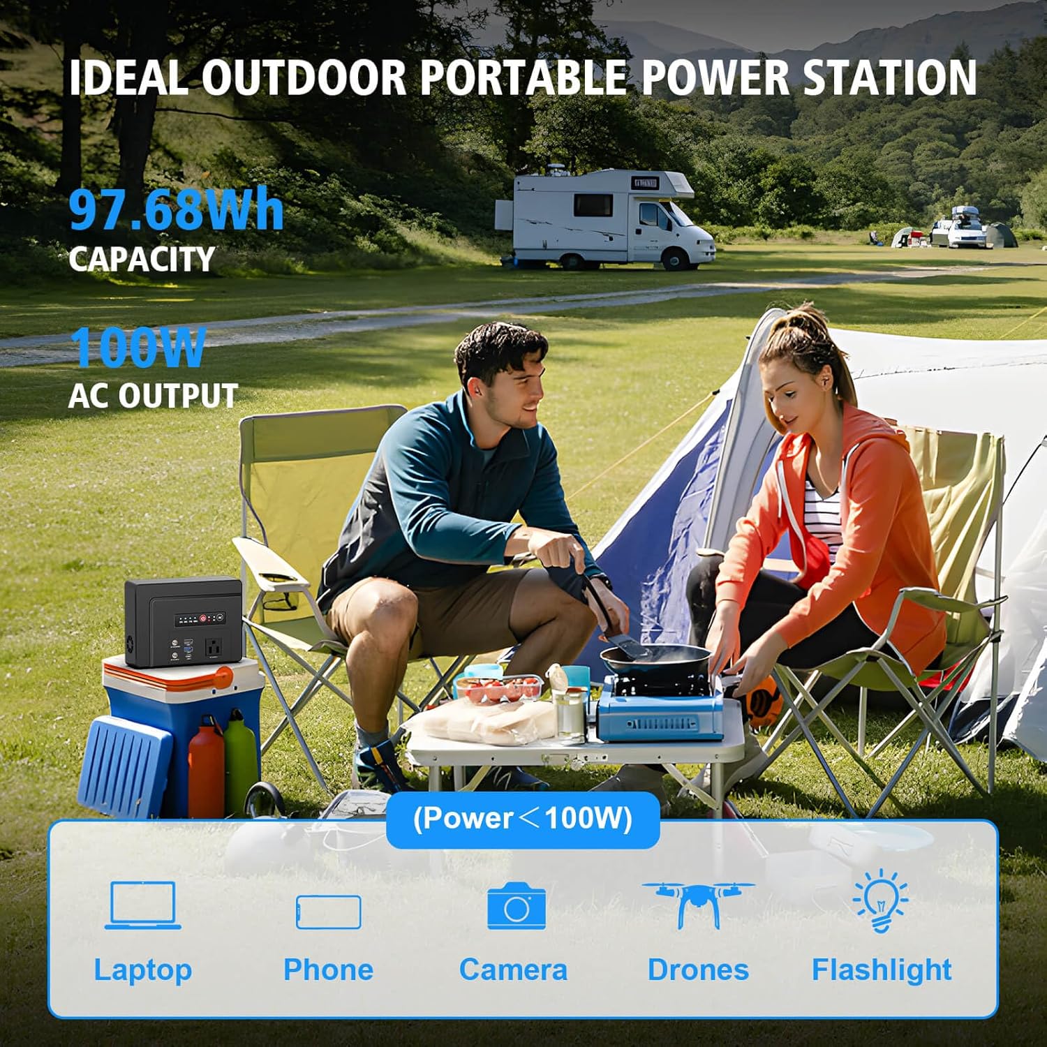 Powkey Portable Power Station 100W, 97Wh Small Portabl Generator with AC Outlet, Fast Charging PD65W USB C, USB A, DC Port, 26400mAh Portabe Laptop Charger for Outdoor Camping RV Home Battery Backup