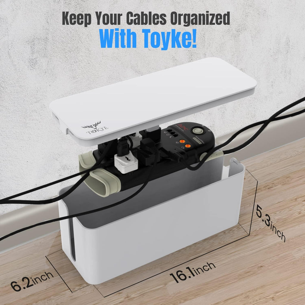 Large Cable Management Box, Cord Organizer to Hide Power Strip, Extension Cord, Surge Protector | Cord Hider Safe Box for Desk Organizers, Gaming PC, Computer, TV | White, Black Edition by Tokye®