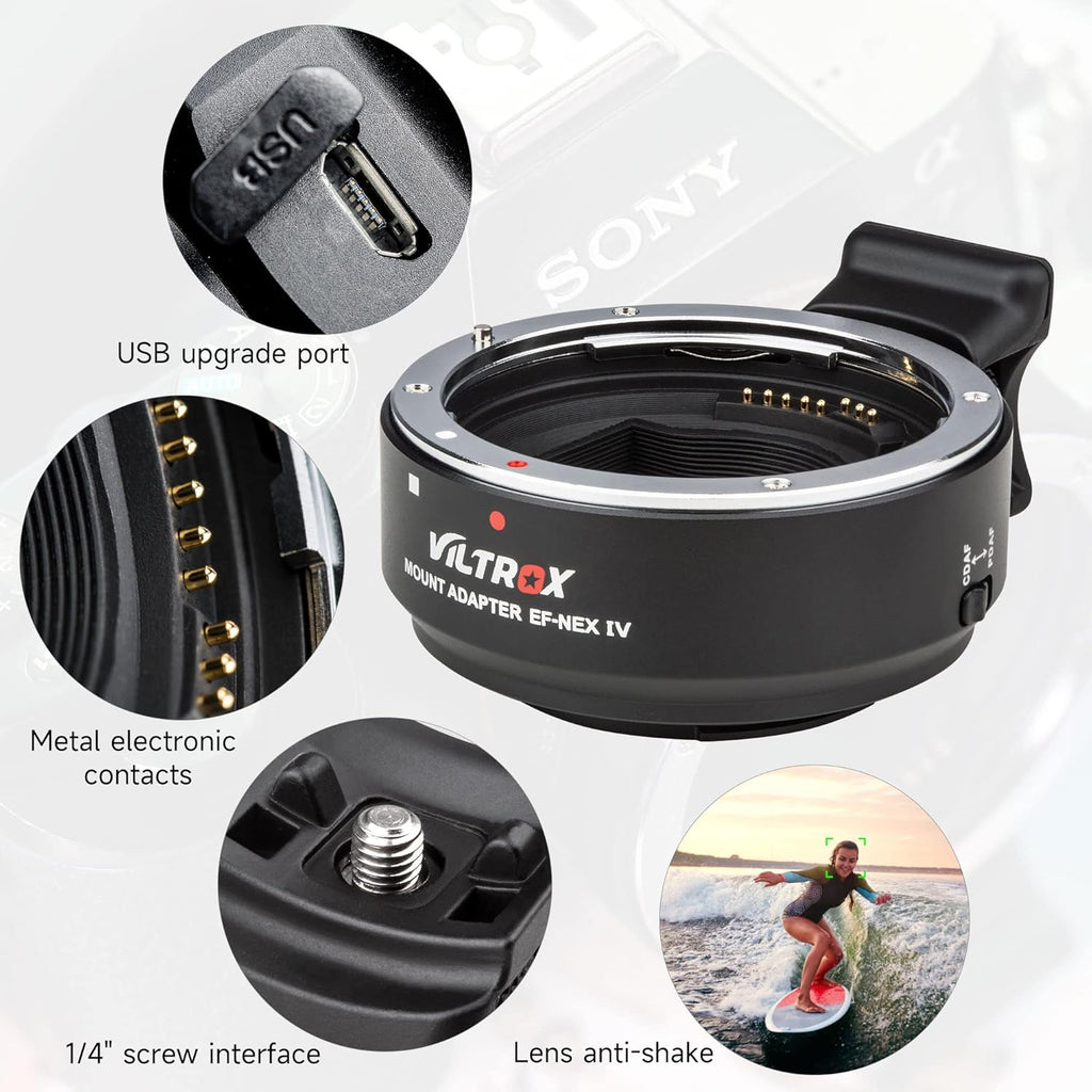 VILTROX EF-NEX IV Lens Adapter - Auto-Focus EF to E Mount Ring Compatible with Canon EF/EF-S Lens for Sony E Mount Camera: NEX A9II, A7III, A9, A7RIII, A7RII, A7R, A7M3