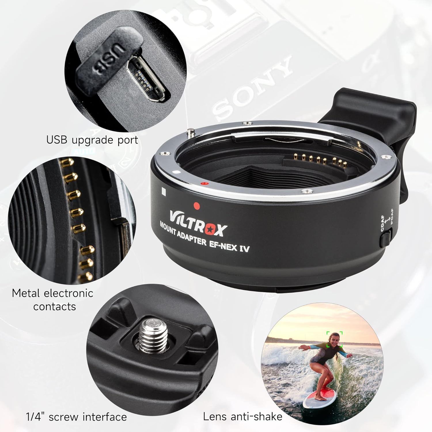 VILTROX EF-NEX IV Lens Adapter - Auto-Focus EF to E Mount Ring Compatible with Canon EF/EF-S Lens for Sony E Mount Camera: NEX A9II, A7III, A9, A7RIII, A7RII, A7R, A7M3