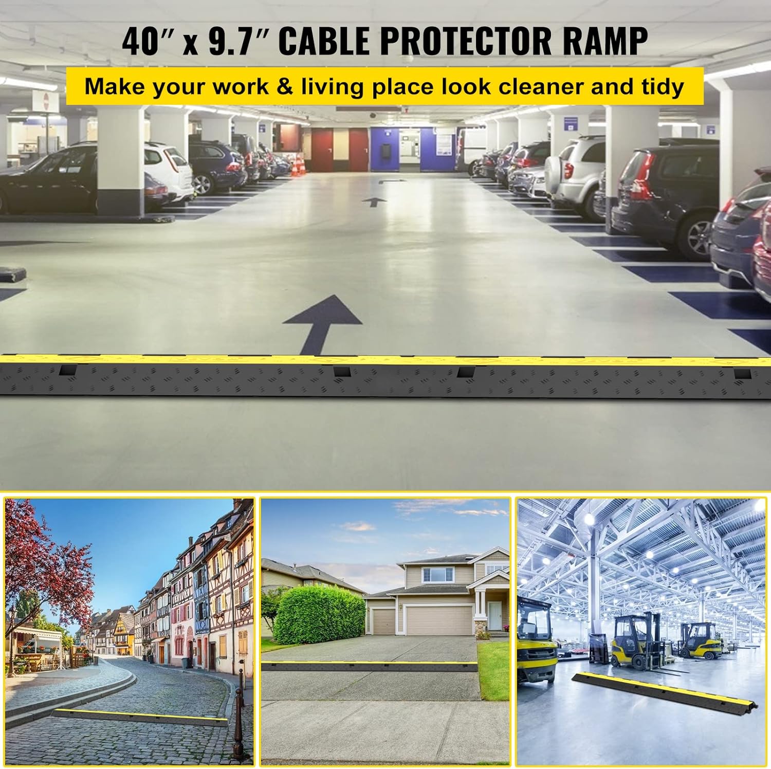 VEVOR Cable Protector Ramp, 5 Packs 2 Channels Speed Bump, Rubber Modular Humps Rated 11000 LBS Load Capacity, Protective Wire Cord Ramp Driveway Rubber Traffic Speed Bumps Cable Protector