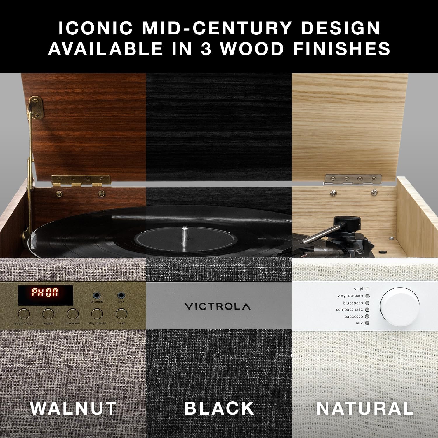 Victrola Century 6-in-1 Vinyl Record Player & Music Center – 3-Speed Turntable, CD & Cassette Player, VINYLSTREAM, Bluetooth & 3.5mm Aux, Record Player with Speakers, Mid Century Design (Black)