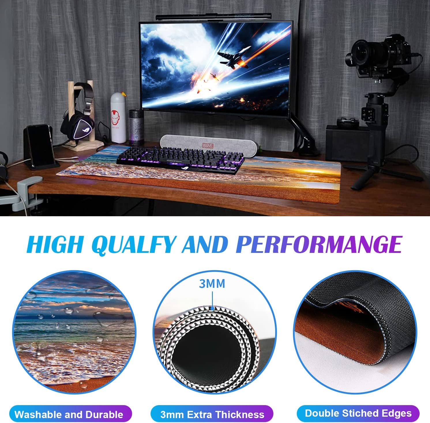 Large Extended Gaming Mouse Pad with Stitched Edges, Non-Slip Waterproof Rubber Base Mouse Pad for Office, Computer, Keyboard, Laptop and Home Desk Pad 35.4 x 15.7 x 0.12 Inch (Beach at Sunset)