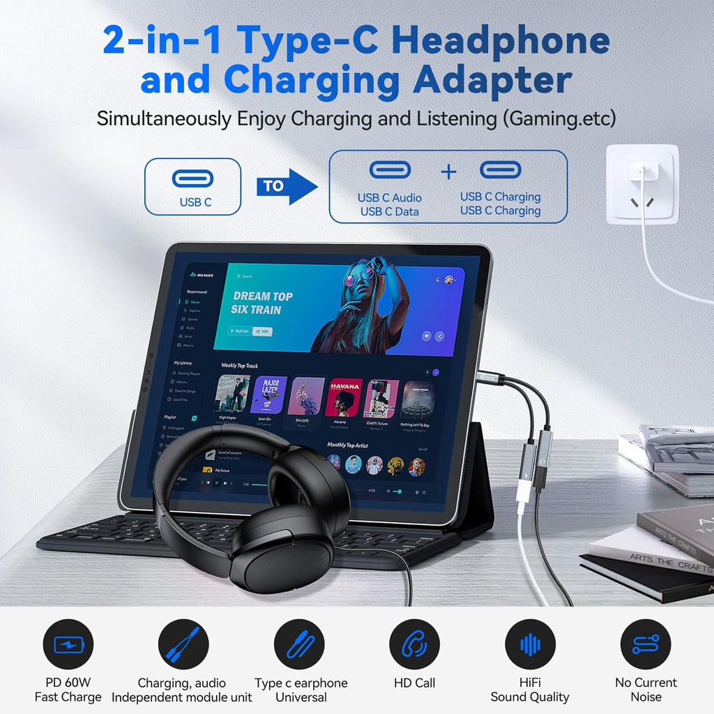 2PCS USB C Headphone Splitter,CCZ CA01 USB C to Type C Headphone Jack and Charger Adapter, 1 in 2 out Dongle Hi-Res DAC Audio Cable with PD 60W Fast Charging for Samsung Galaxy S25 S24 S23 (USBC-USBC)