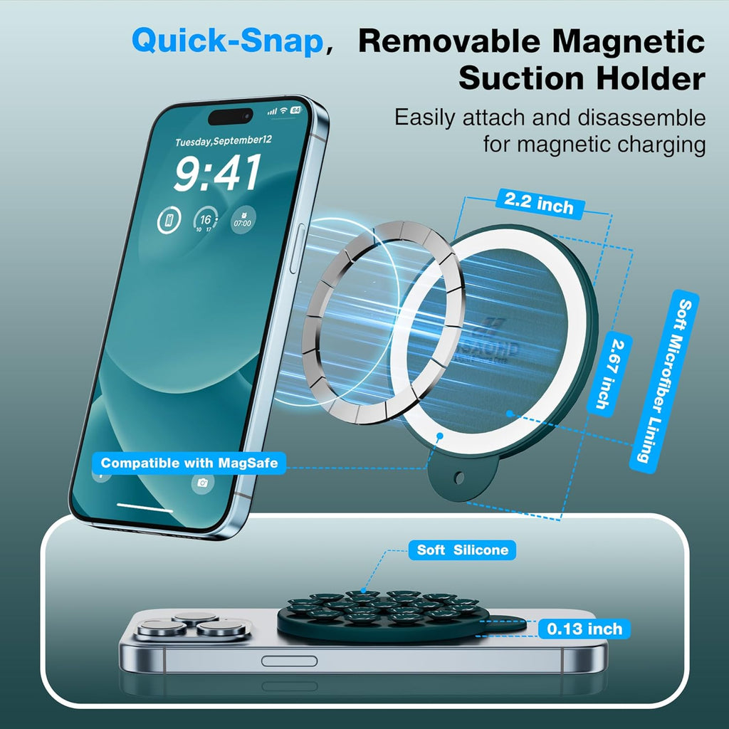 Magnetic Suction Cup Phone Mount for MagSafe Case, Silicone Hands-Free Phone Grip Holder for iPhone and Android, Mirror Shower Phone Stand for Makeup FaceTime Gym Kitchen Bathroom, Dark Green