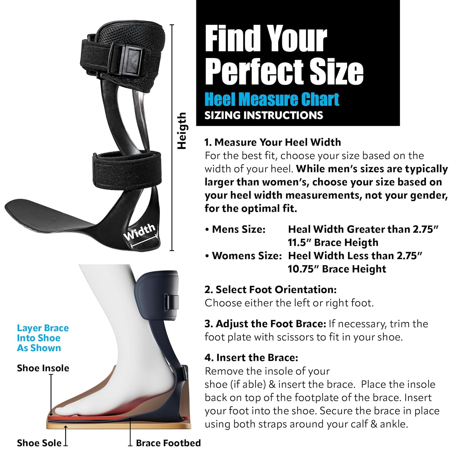 Brace On AFO S-Type - Drop Foot Stabilizer Brace, Moldable, Trimmable, Lightweight Polyethylene, Braces for Men, AFO Brace and Foot Drop Braces, Boot for Injured Foot, Men, Right