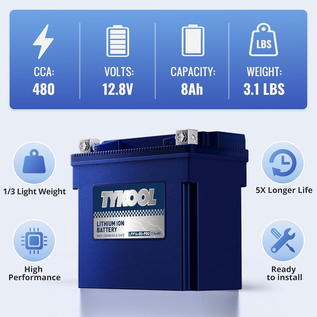 TYKOOL YTX14-BS/YTX14H/GYZ16H High Performance Lithium LiFePO4 Motorcycle Battery,480CCA,12V 8Ah,Fits for ATV,UTV,Jet Ski,Snowmobile,Quad,Tractor,Riding Lawn Mower,Polaris Battery