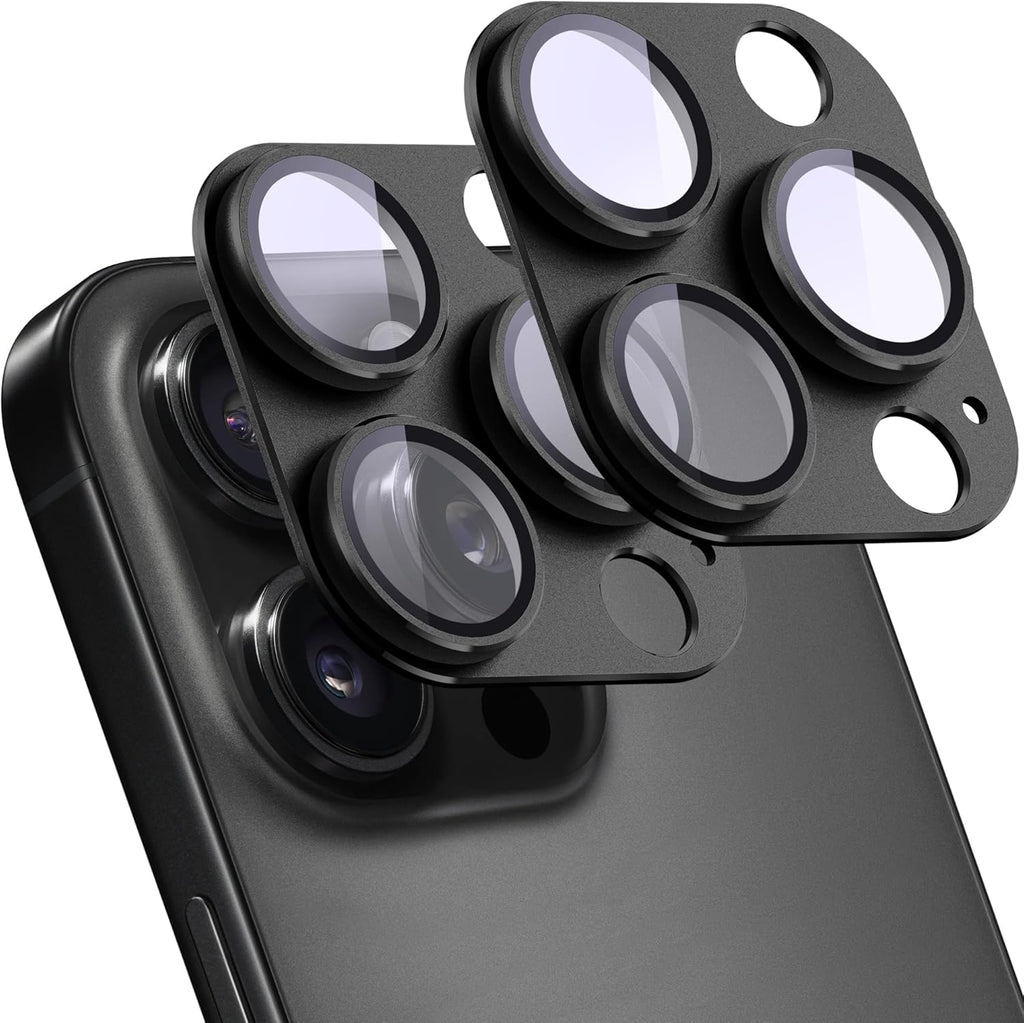 2 Pack Camera Lens Protector for iPhone 15 Pro/iPhone 15 Pro Max,[Not Easy to Breakn ] AR Tempered Glass Strong Adsorption Metal Camera Cover Screen-Black