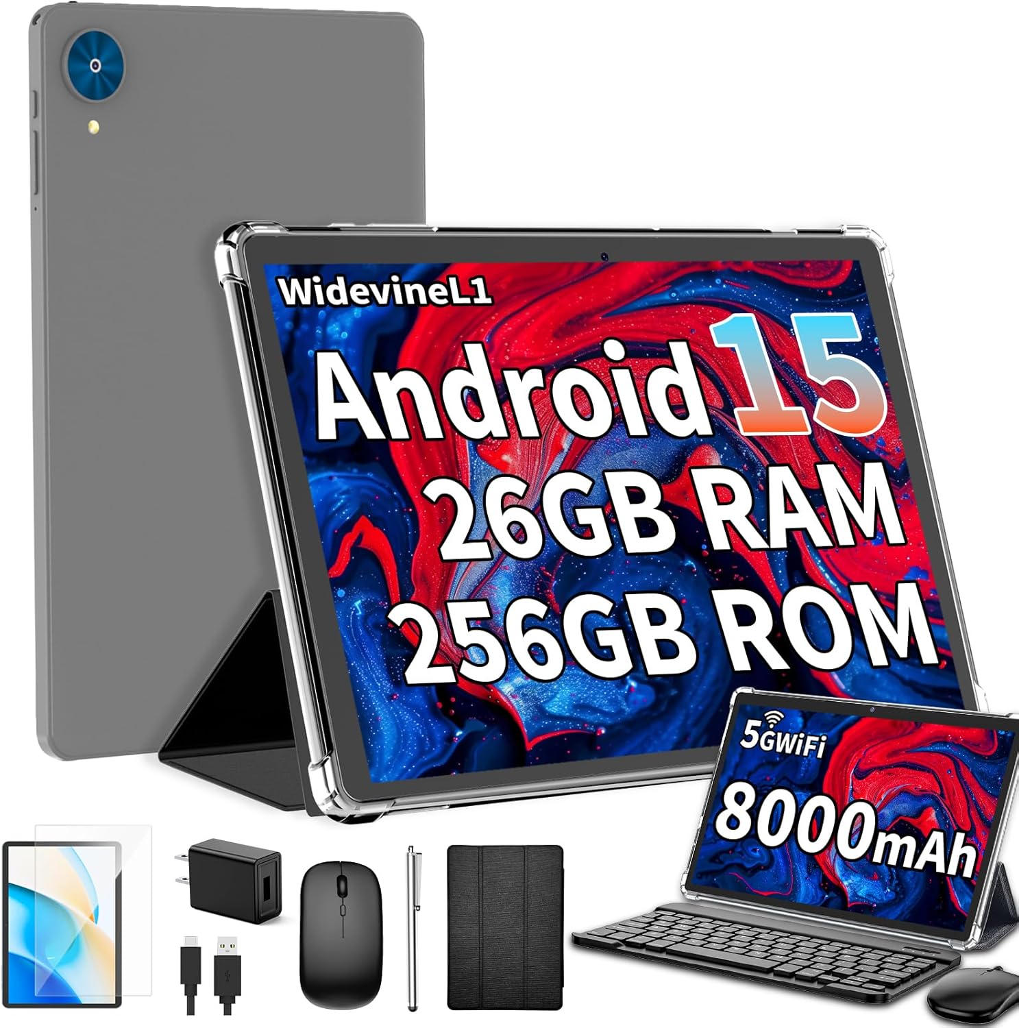 Android 15 Tablet with Keyboard, 26GB+256GB(2TB Expand), 10.1 Inch Tablet 8000 mAh Battery, BT 5.0, 5G WiFi, Widevine L1, Dual Camera, 2 in 1 Tab with Mouse, Case, Stylus(Black)