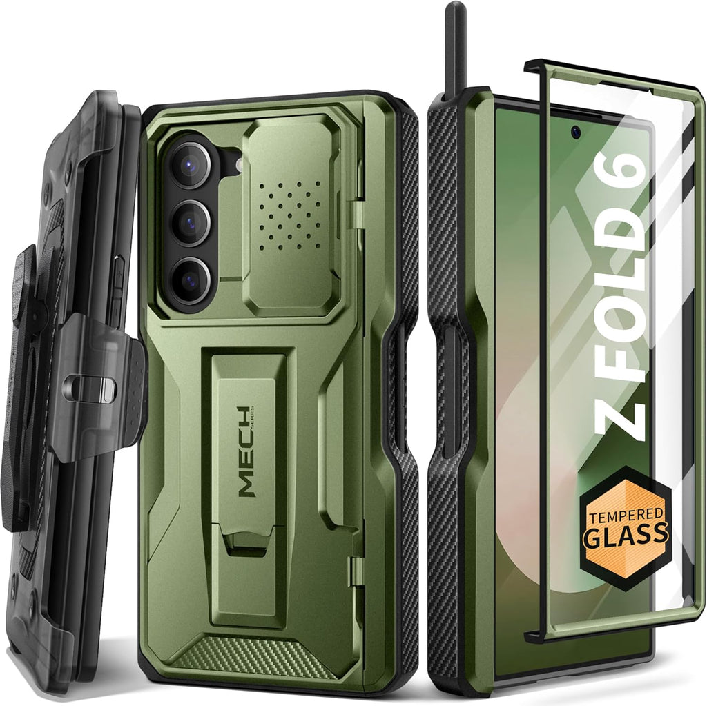 TONGATE for Z Fold 6 Case, [with S Pen Slot & Hinge Protection] [Tempered Glass Screen Protector] Full-Body Military Drop Phone Case for Samsung Galaxy Z Fold 6 with Kickstand & Belt Clip, Green