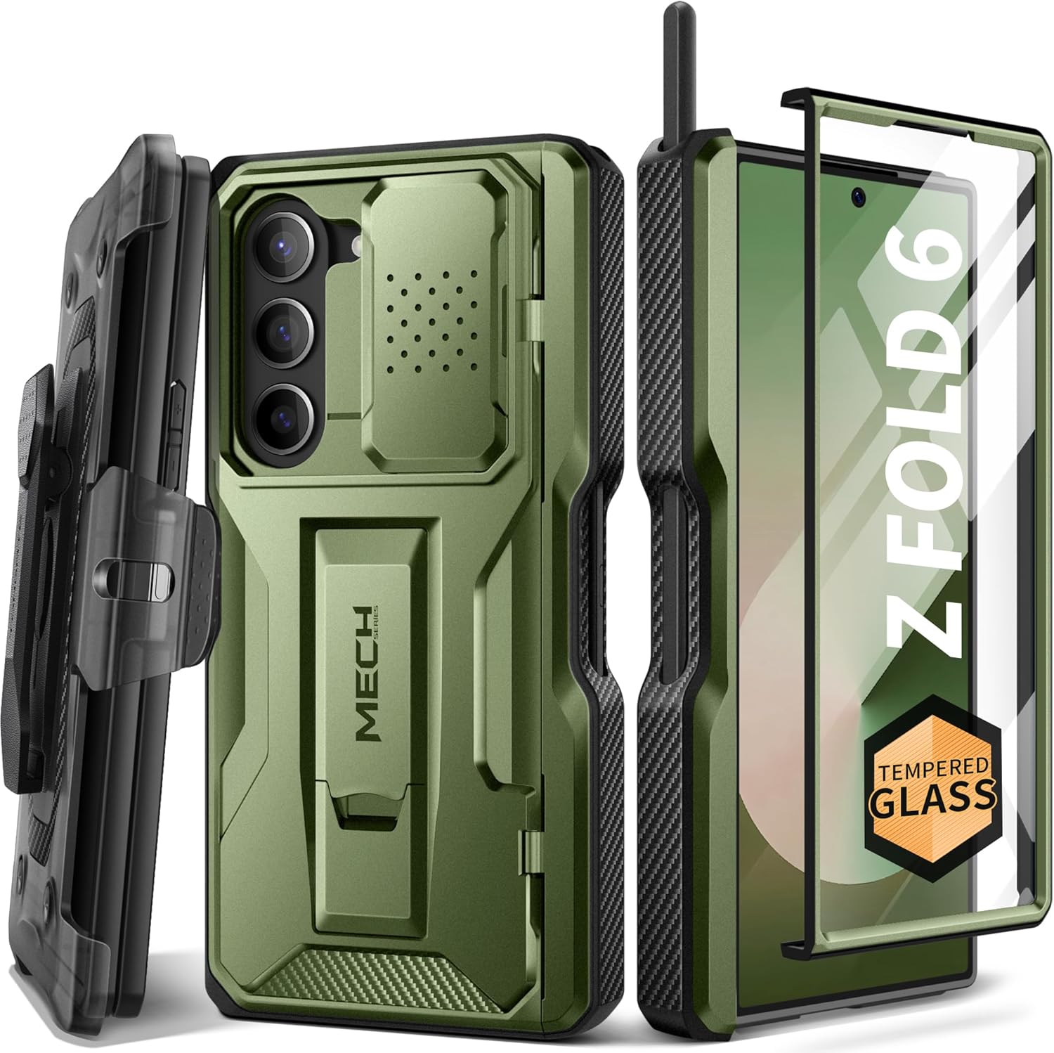 TONGATE for Z Fold 6 Case, [with S Pen Slot & Hinge Protection] [Tempered Glass Screen Protector] Full-Body Military Drop Phone Case for Samsung Galaxy Z Fold 6 with Kickstand & Belt Clip, Green