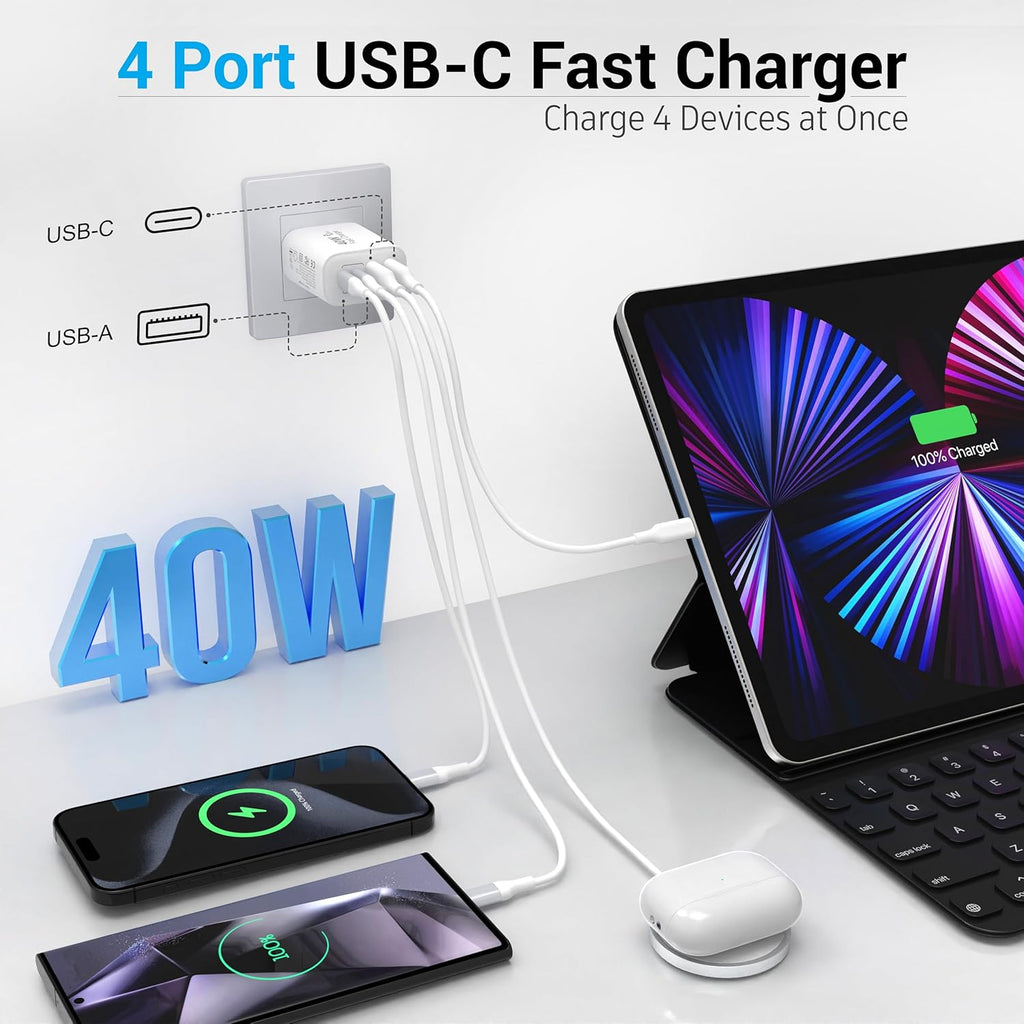 TT&C USB C Block 40W, 4 Ports Wall Plug Fast Charging Block, PD+QC Multiport Power Adapter USB C Charger Type C for iPhone 16,15,14,13,12,11, Pro Max, X, Xr, Xs, 8, Watch, Galaxy Phones (White 1Pack)