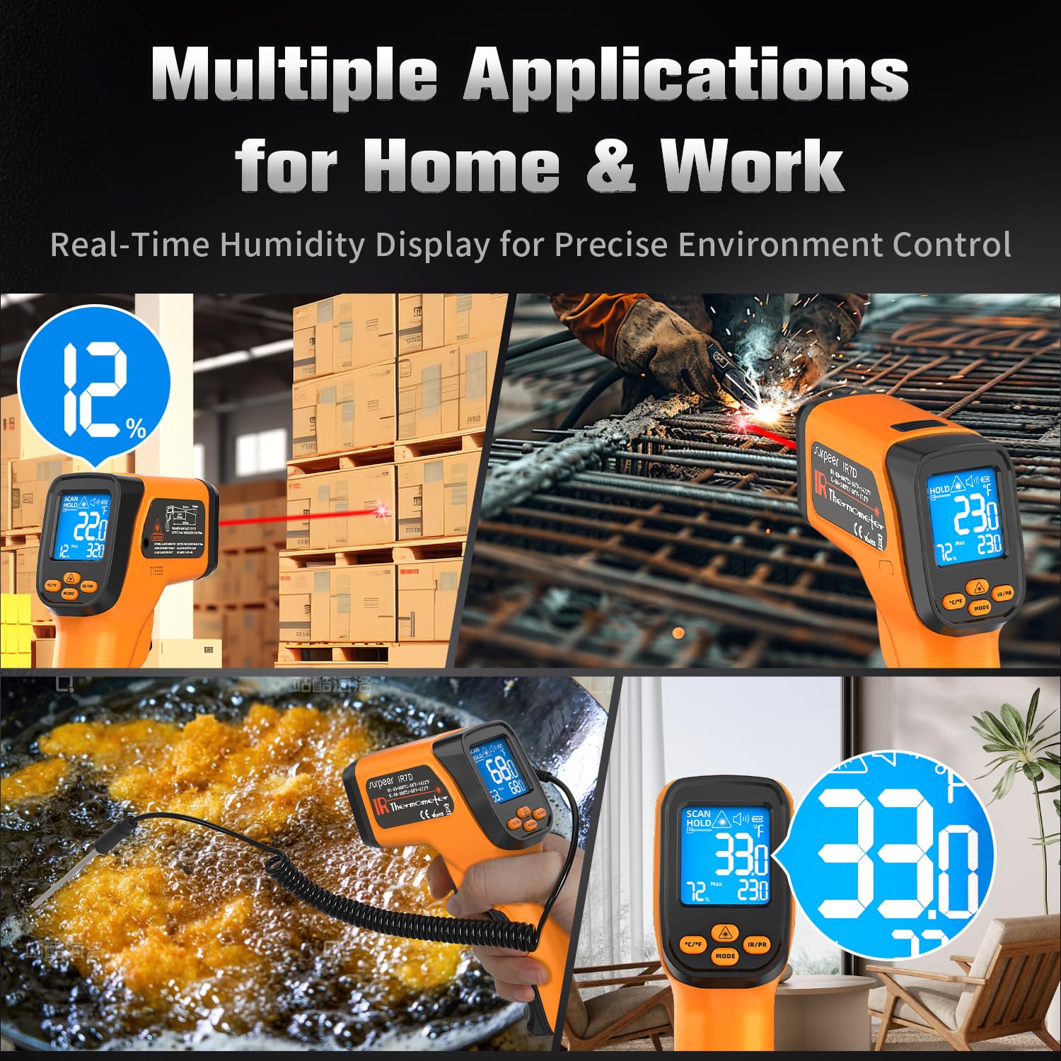 Infrared Thermometer Temperature Gun, Non-Contact Digital Laser Temp -58°F to 1472°F, K-Type Probe -58°F to 572°F, for Cooking, Pizza Oven, BBQ, HVAC, Home & Industrial