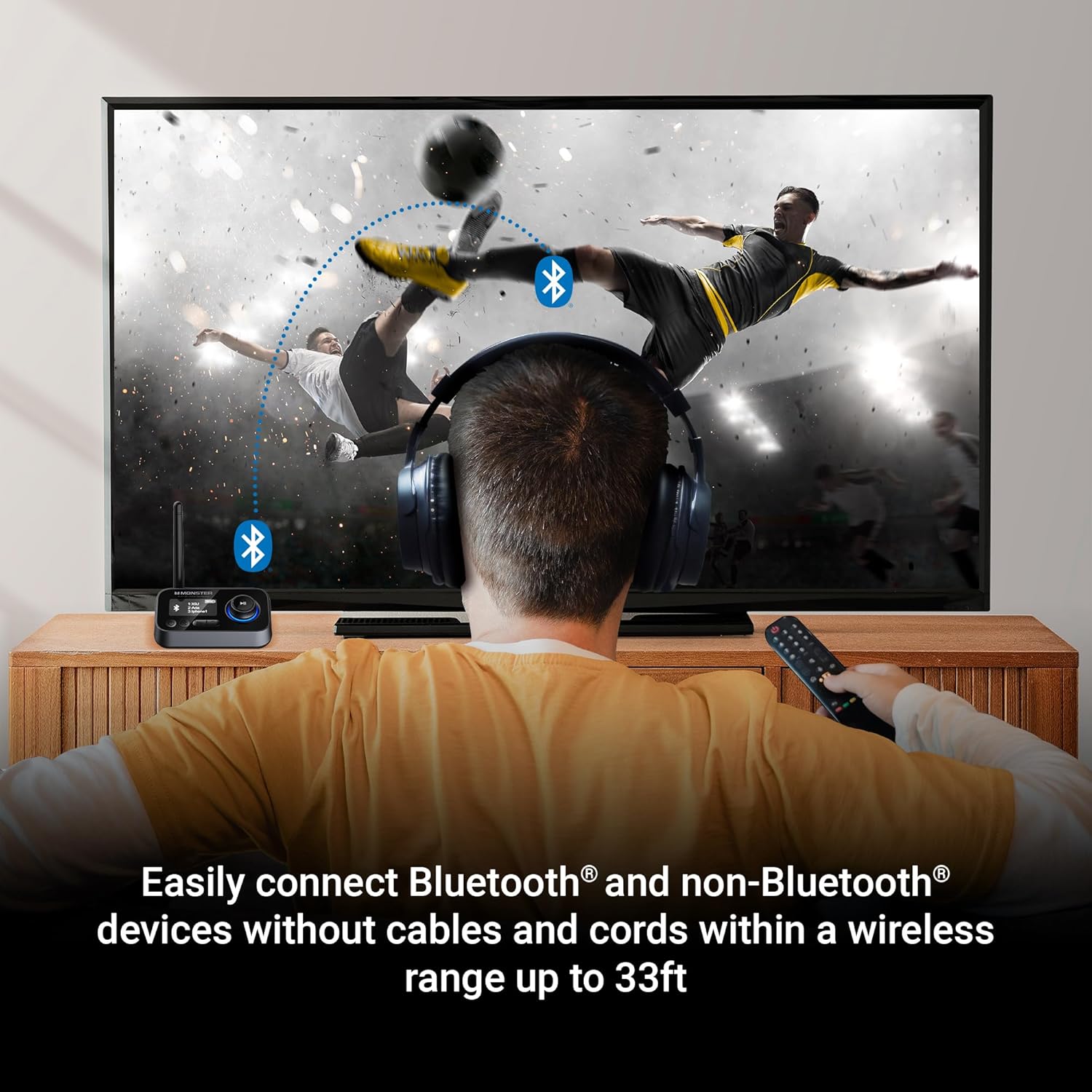 Monster Bluetooth Transmitter & Receiver, 2-in-1 Bluetooth Audio Adapter, Stream to/from NonBluetooth Devices, Stream TV to 2 Headphones, 33 ft Range, Analog & Digital, TV USB Powered, 3.5mm Aux Port