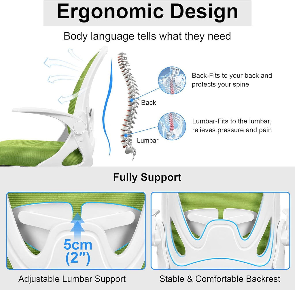 Primy Drafting Chair Tall Office Chair with Flip-up Armrests Executive Ergonomic Computer Standing Desk Chair with Lumbar Support and Adjustable Footrest Ring (Green)