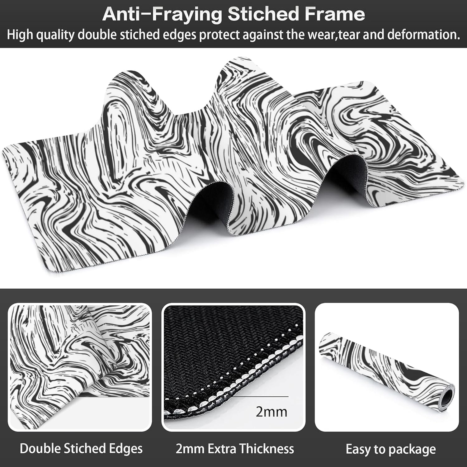Black and White Marble Desk Mat,Large Abstract Marble Texture Gaming Keyboard Mouse Pad,Non-Slip Rubber Base Desk Pad Thick Stitched Edges Waterproof Mousepad Mouse Mat 31.5"x11.8"