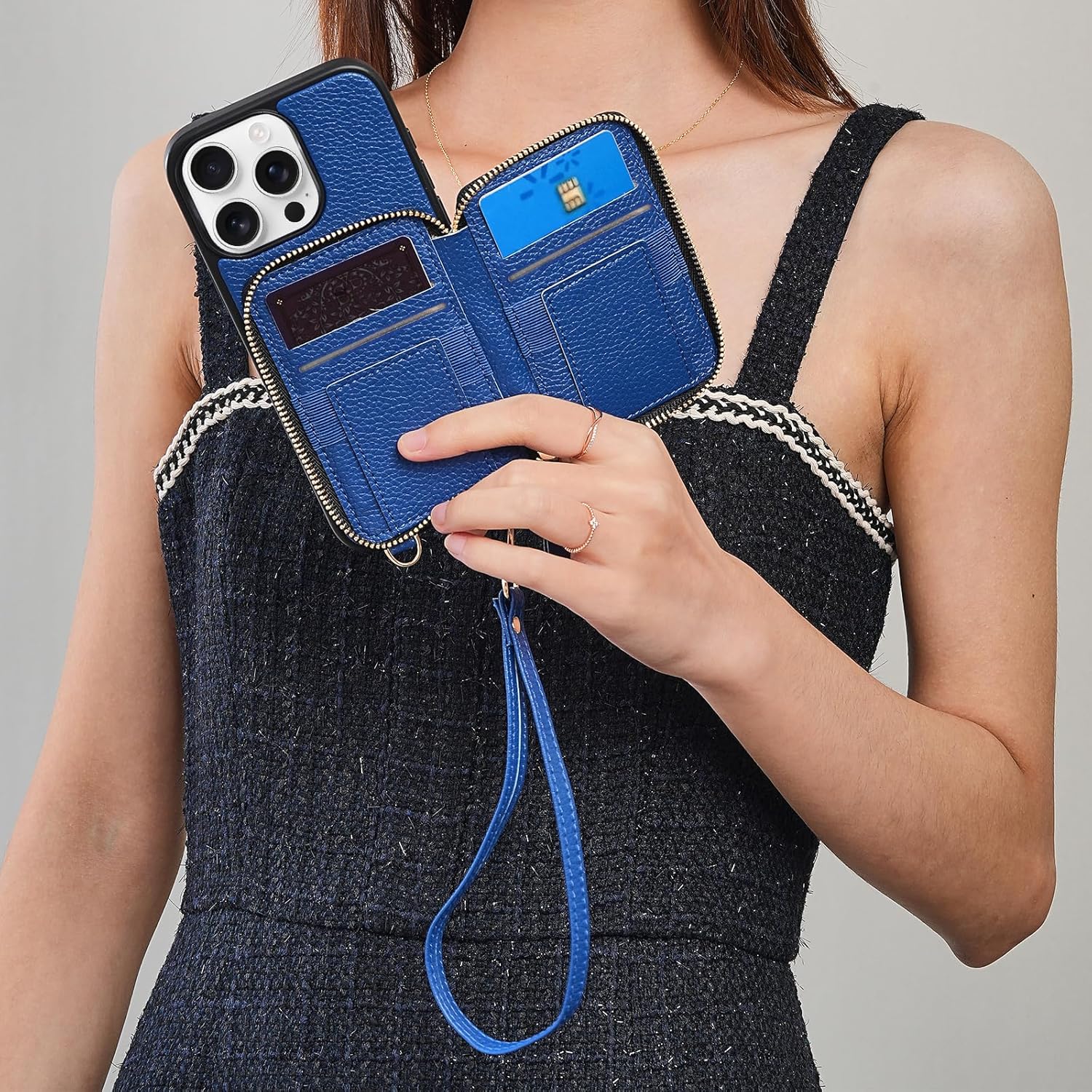 ZVE for iPhone 15 Pro Max Wallet Case, Crossbody, Card Holder Phone Purse for Women, RFID Blocking Zipper Leather Cover with Wrist Strap for iPhone 15 Pro Max (6.7 inch)- Navy Blue