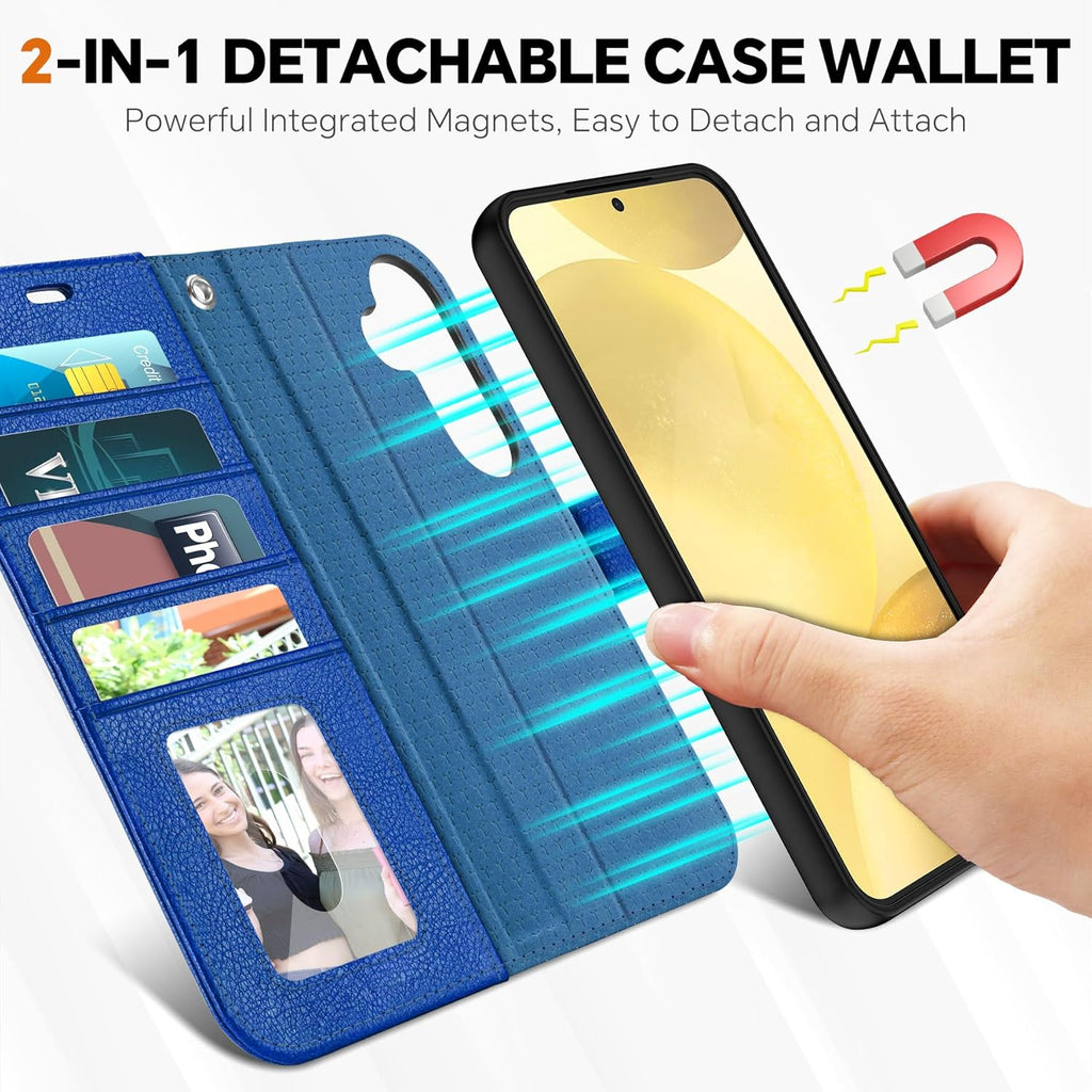 TUCCH Case Wallet for Galaxy S25, Removable [2 in 1] [Wireless Charging] Wrist Strap PU Leather Magnetic Stand RFID Blocking [4 Card Slots] Detachable Protective Folio for Galaxy S25 6.2", Klein Blue